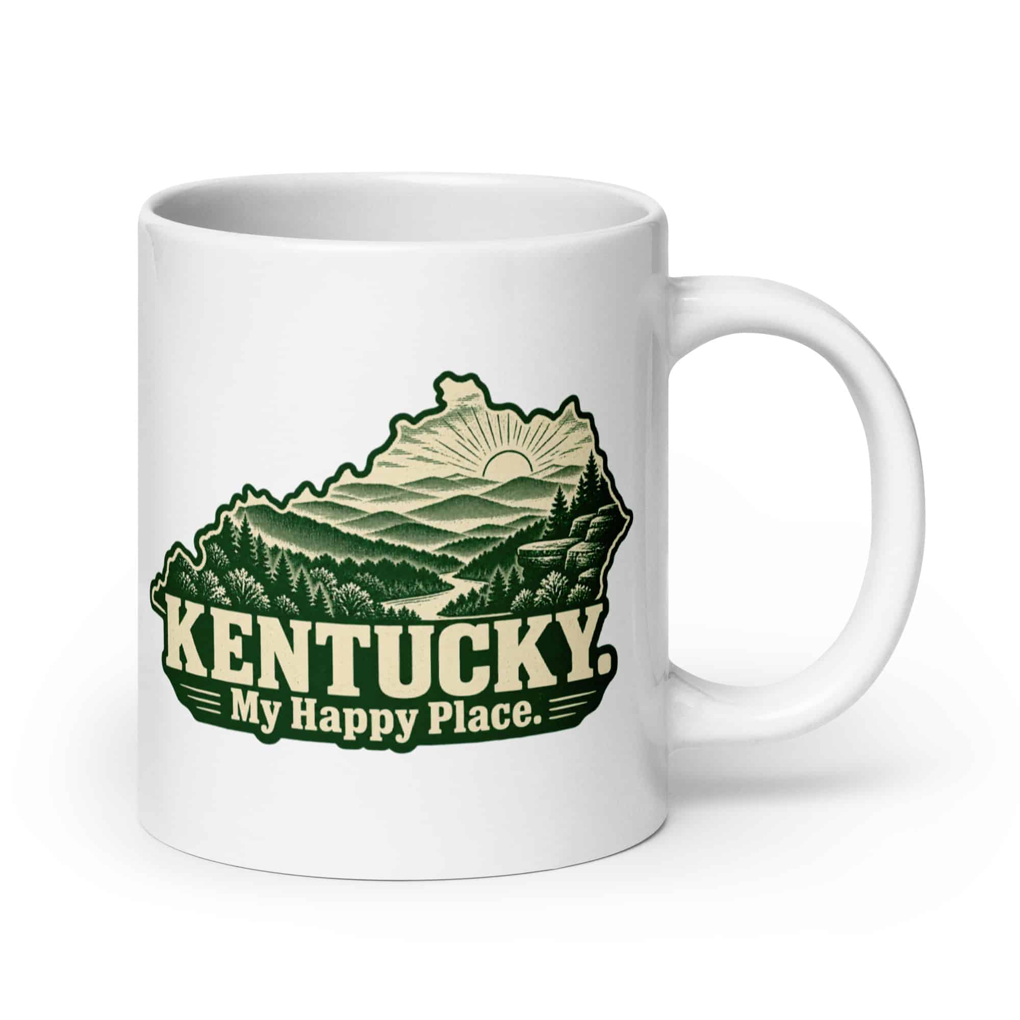 Kentucky White Ceramic Coffee Mug: Layered Appalachian ridges at sunrise, Woodcut Kentucky Silhouette