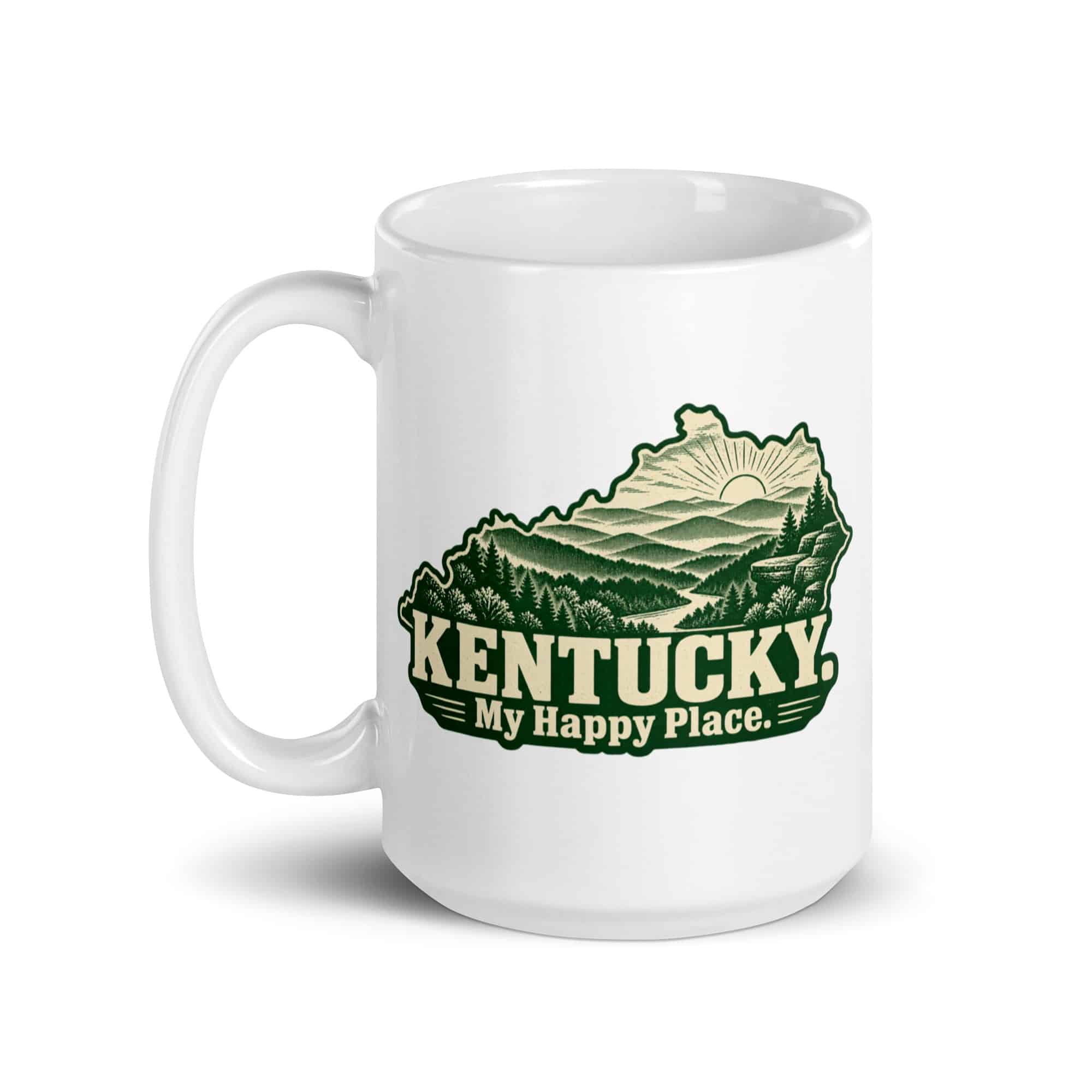 Kentucky White Ceramic Coffee Mug: Layered Appalachian ridges at sunrise, Woodcut Kentucky Silhouette