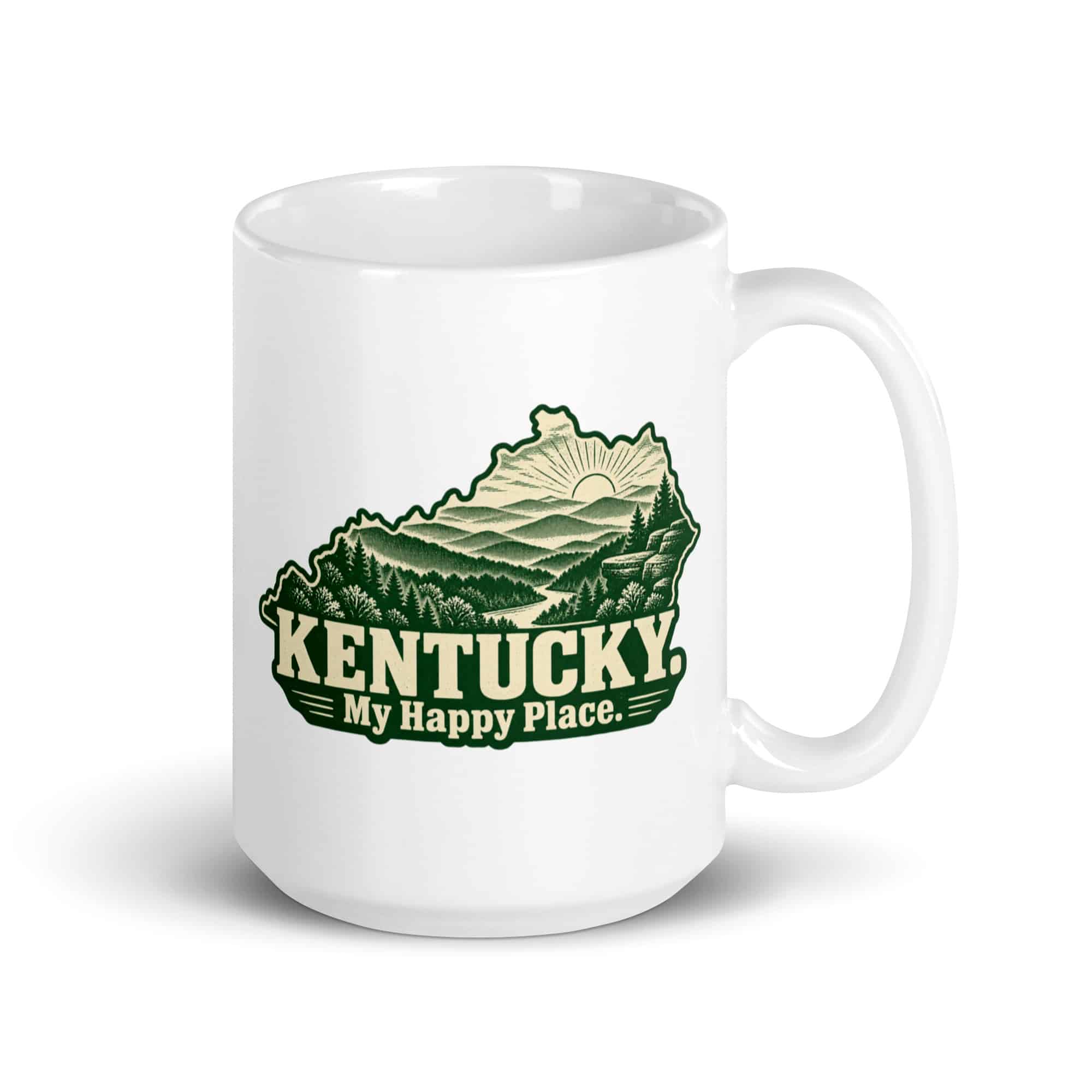 Kentucky White Ceramic Coffee Mug: Layered Appalachian ridges at sunrise, Woodcut Kentucky Silhouette