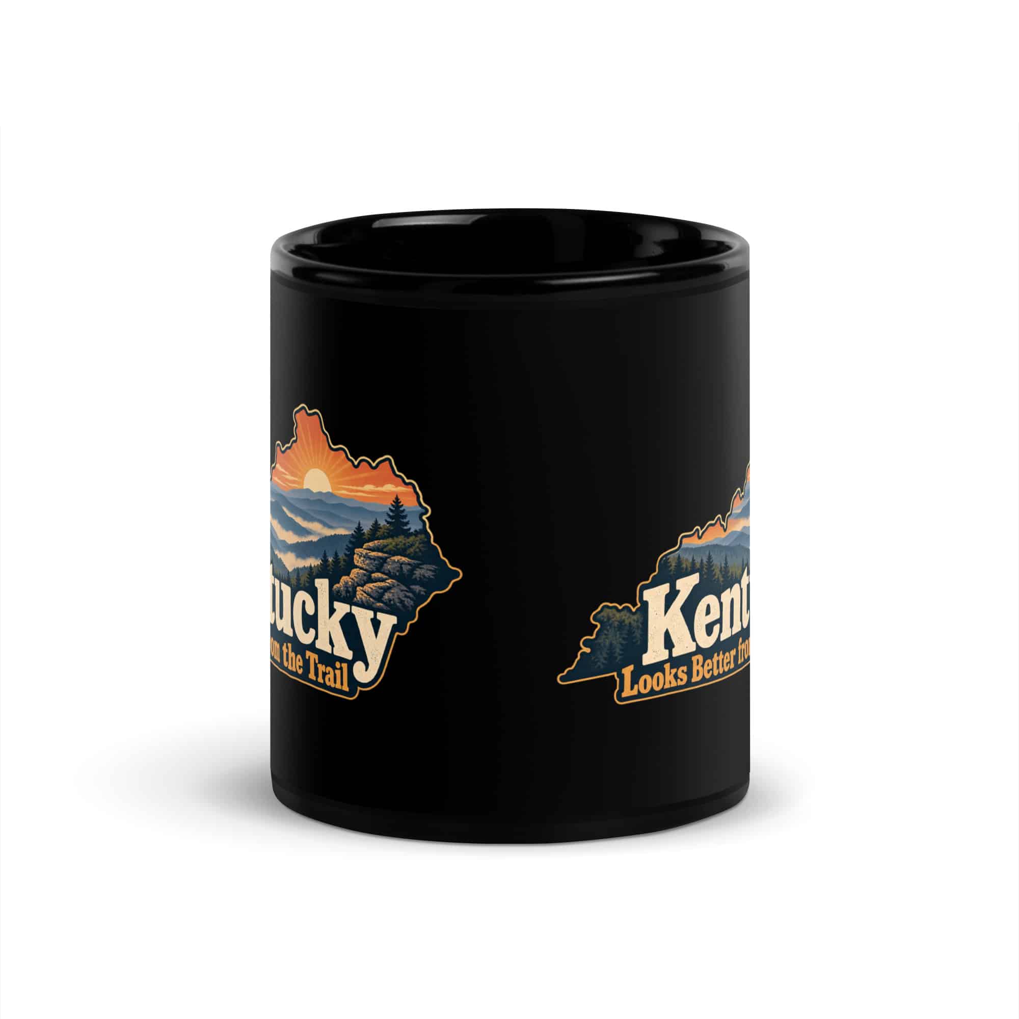 Kentucky Black Coffee Mug: Layered Appalachian ridges at sunrise, Colorful Kentucky Silhouette