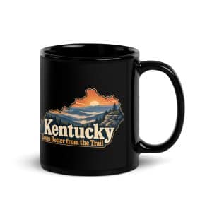 Kentucky Black Coffee Mug: Layered Appalachian ridges at sunrise, Colorful Kentucky Silhouette - 11 oz - Handle on Right