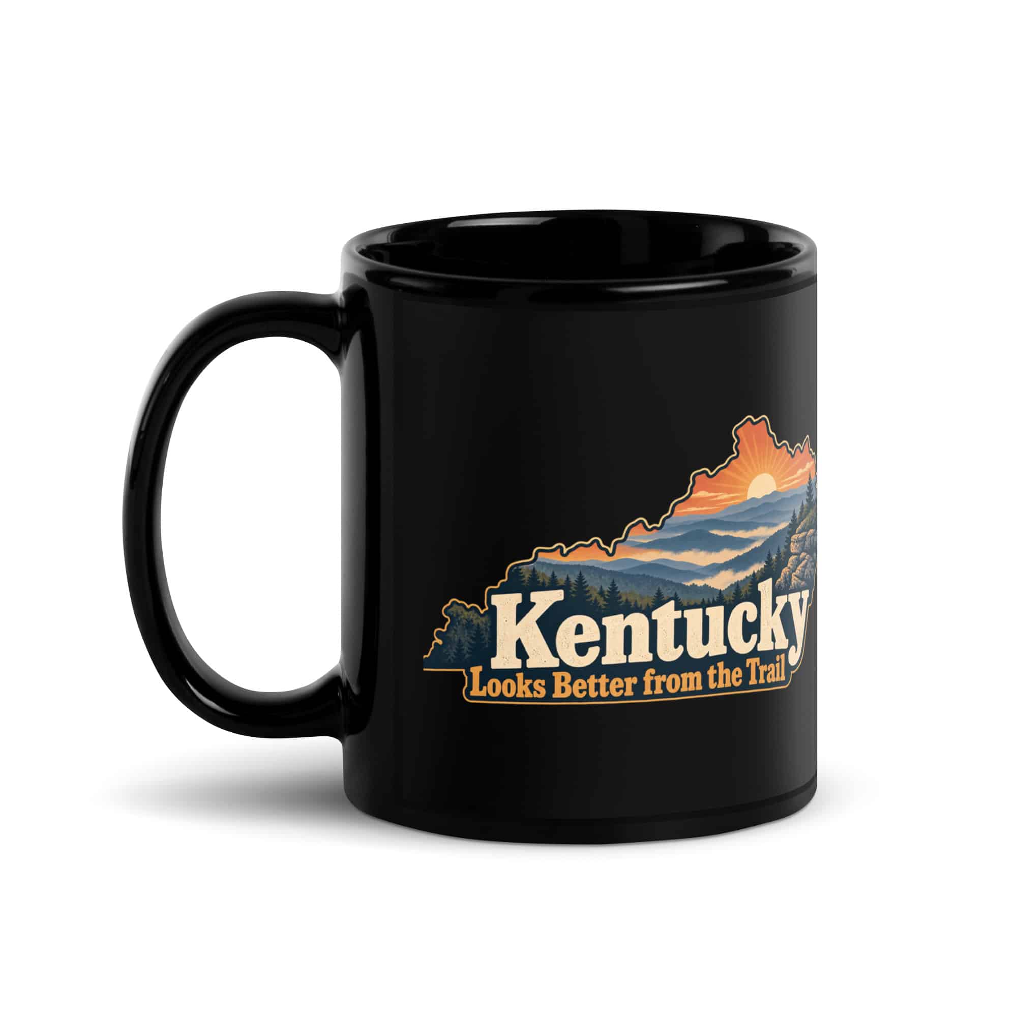 Kentucky Black Coffee Mug: Layered Appalachian ridges at sunrise, Colorful Kentucky Silhouette