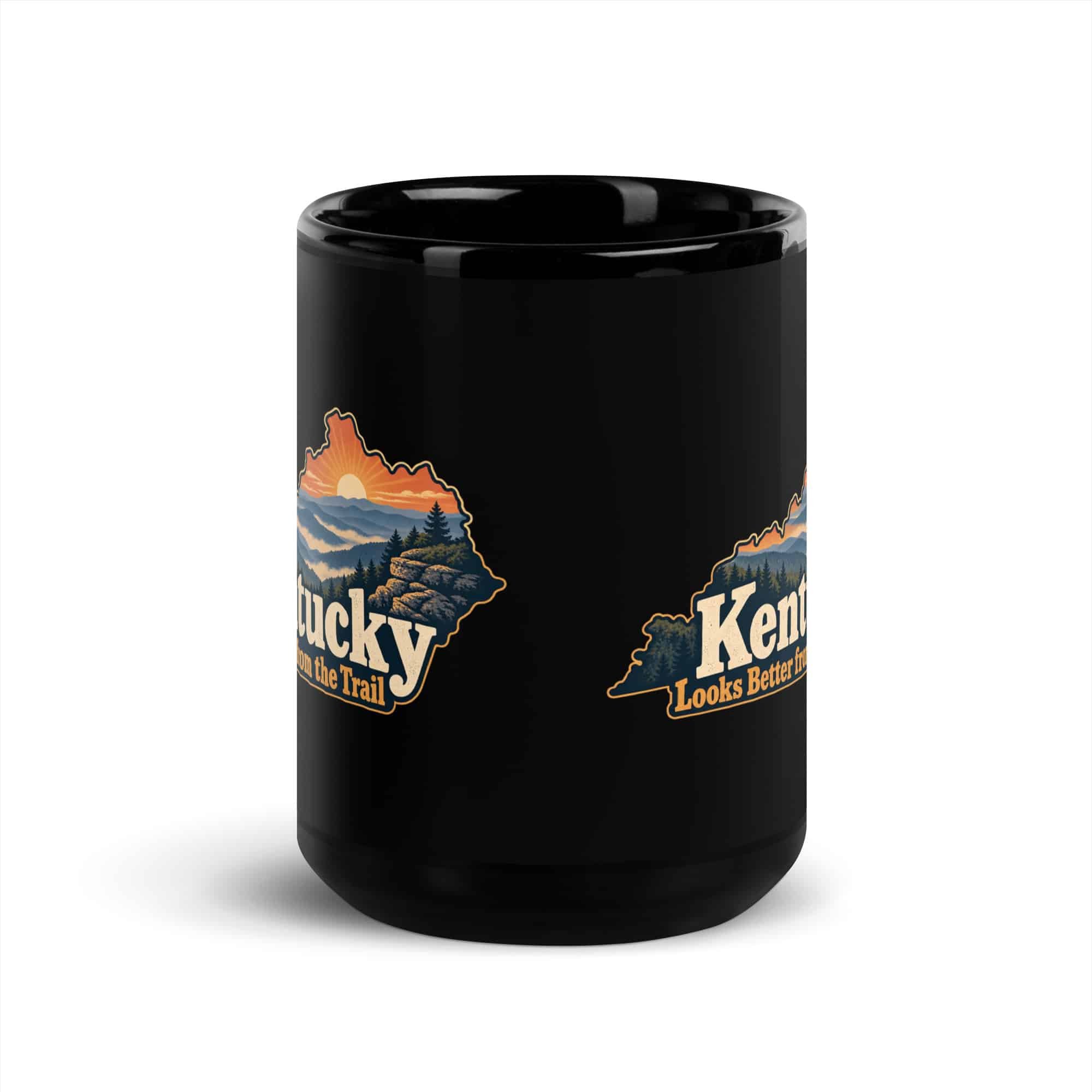 Kentucky Black Coffee Mug: Layered Appalachian ridges at sunrise, Colorful Kentucky Silhouette