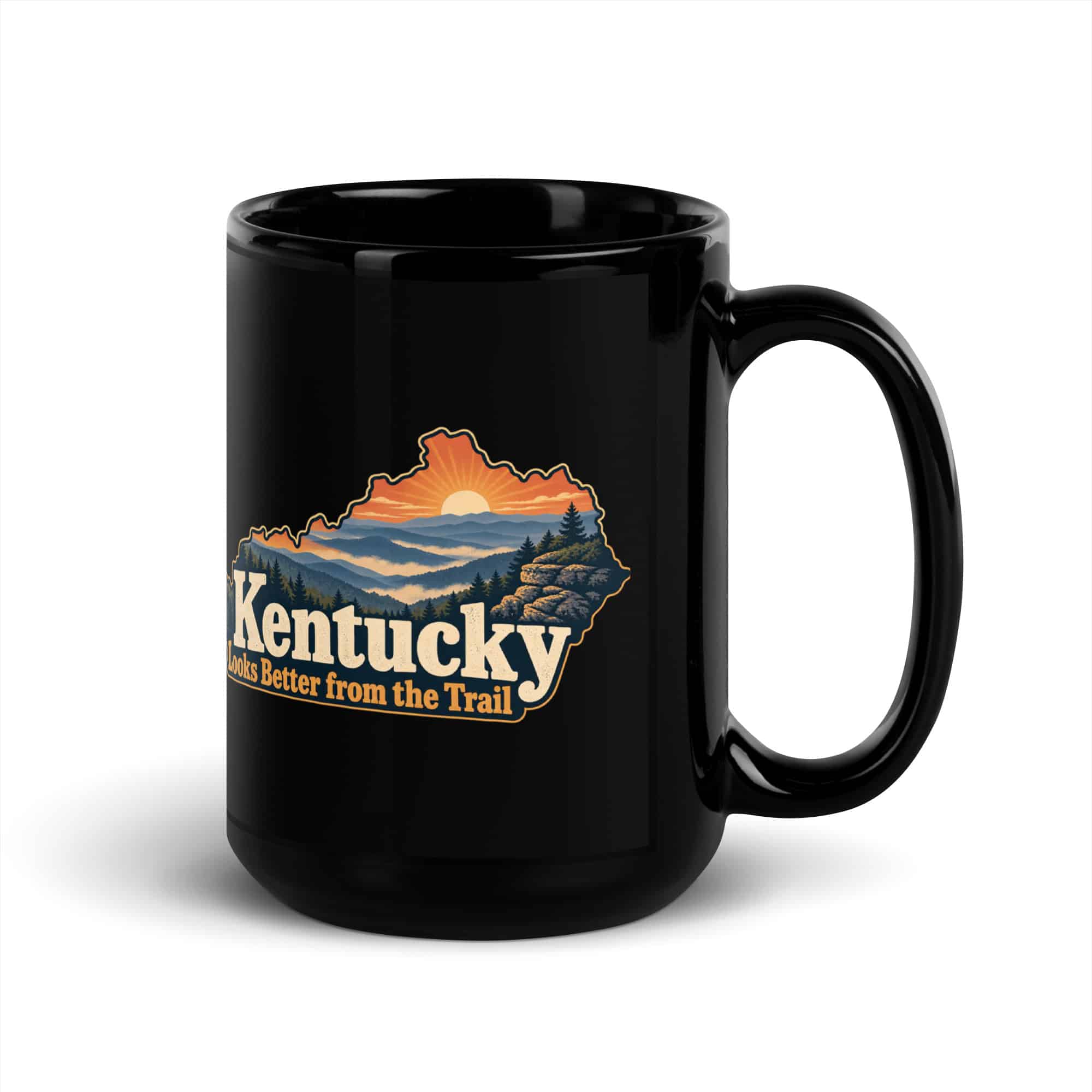 Kentucky Black Coffee Mug: Layered Appalachian ridges at sunrise, Colorful Kentucky Silhouette
