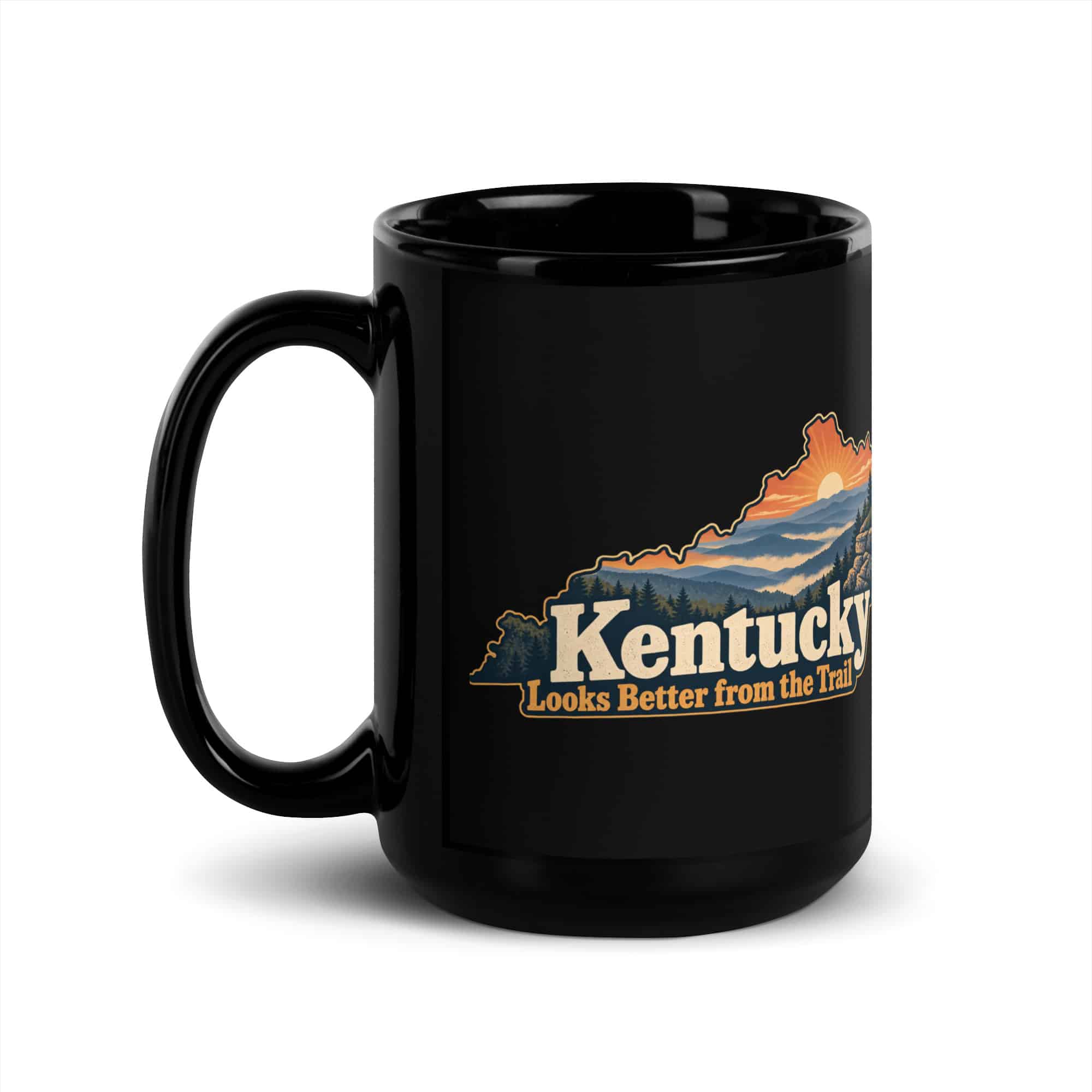 Kentucky Black Coffee Mug: Layered Appalachian ridges at sunrise, Colorful Kentucky Silhouette
