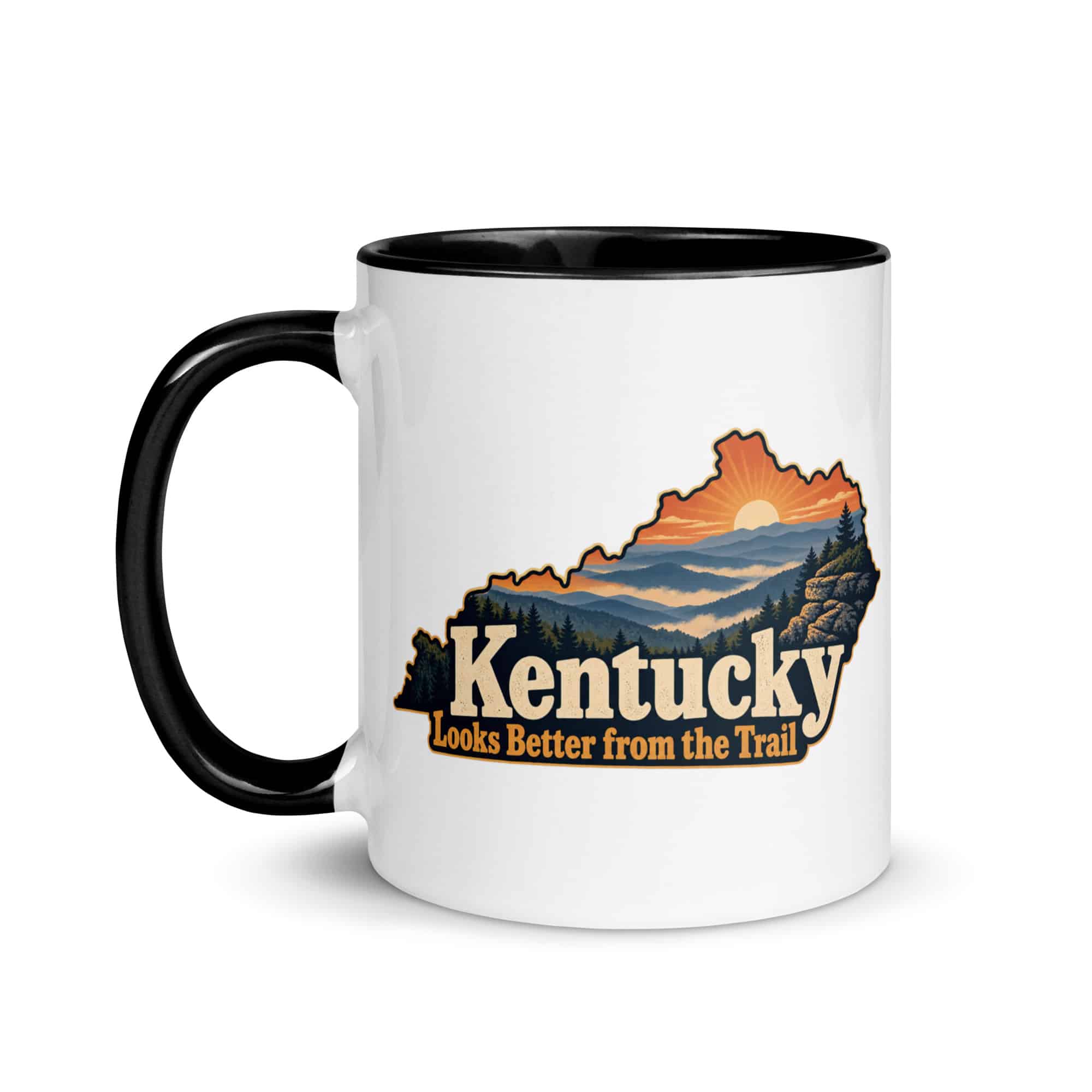 Kentucky Color Inside Coffee Mug: Layered Appalachian ridges at sunrise, Colorful Kentucky Silhouette