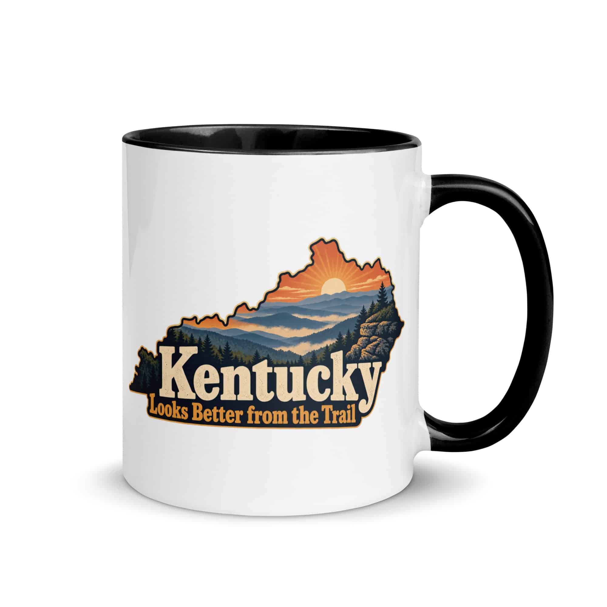 Kentucky Color Inside Coffee Mug: Layered Appalachian ridges at sunrise, Colorful Kentucky Silhouette