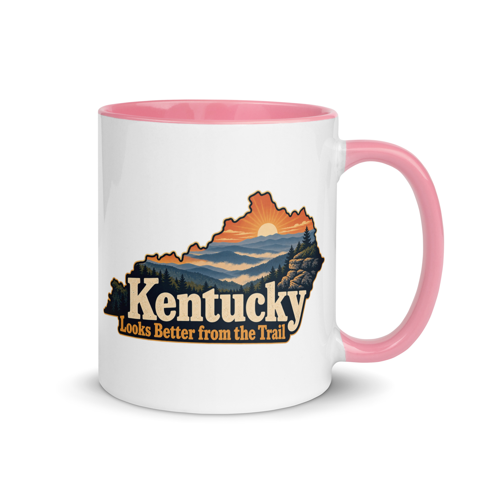 Kentucky Color Inside Coffee Mug: Layered Appalachian ridges at sunrise, Colorful Kentucky Silhouette