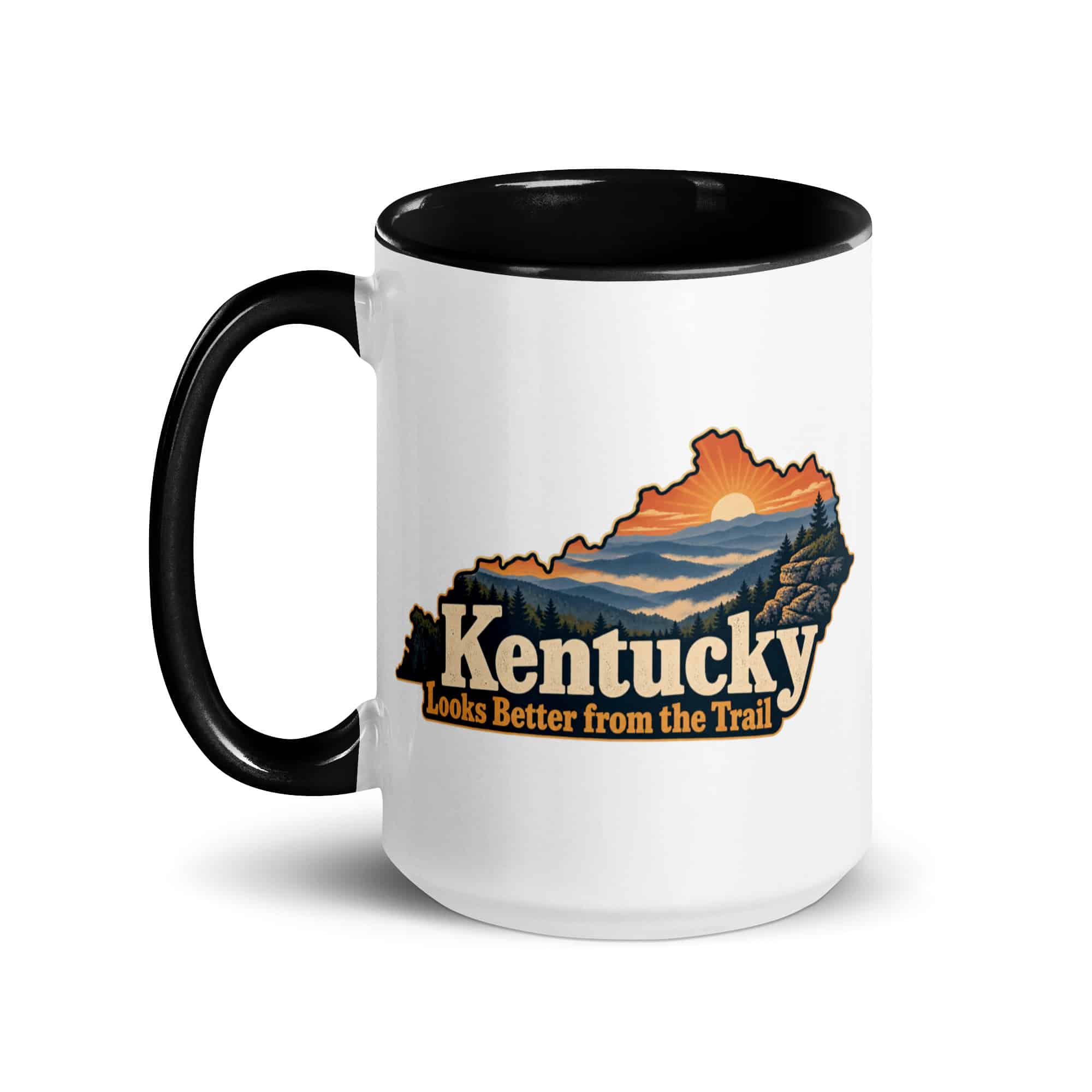 Kentucky Color Inside Coffee Mug: Layered Appalachian ridges at sunrise, Colorful Kentucky Silhouette