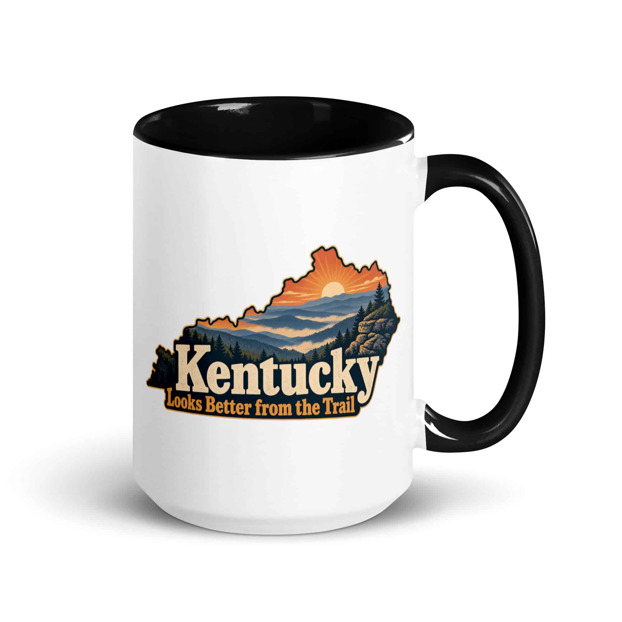 Kentucky Color Inside Coffee Mug: Layered Appalachian ridges at sunrise, Colorful Kentucky Silhouette