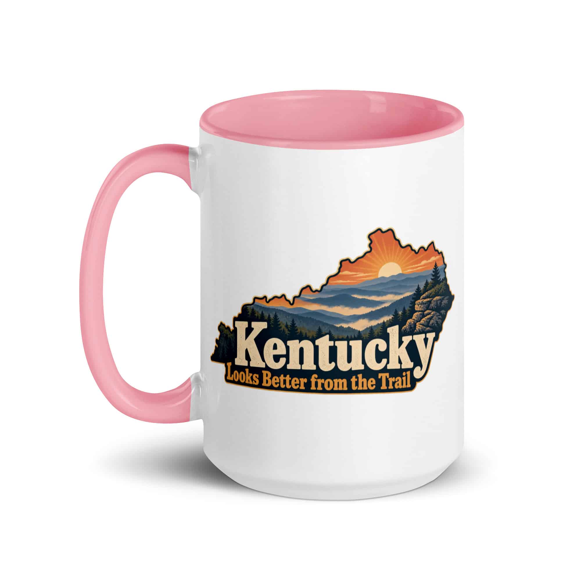 Kentucky Color Inside Coffee Mug: Layered Appalachian ridges at sunrise, Colorful Kentucky Silhouette
