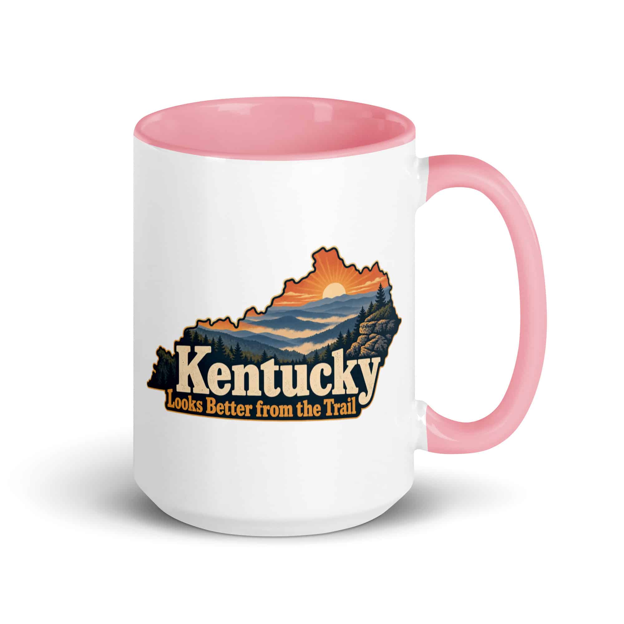 Kentucky Color Inside Coffee Mug: Layered Appalachian ridges at sunrise, Colorful Kentucky Silhouette