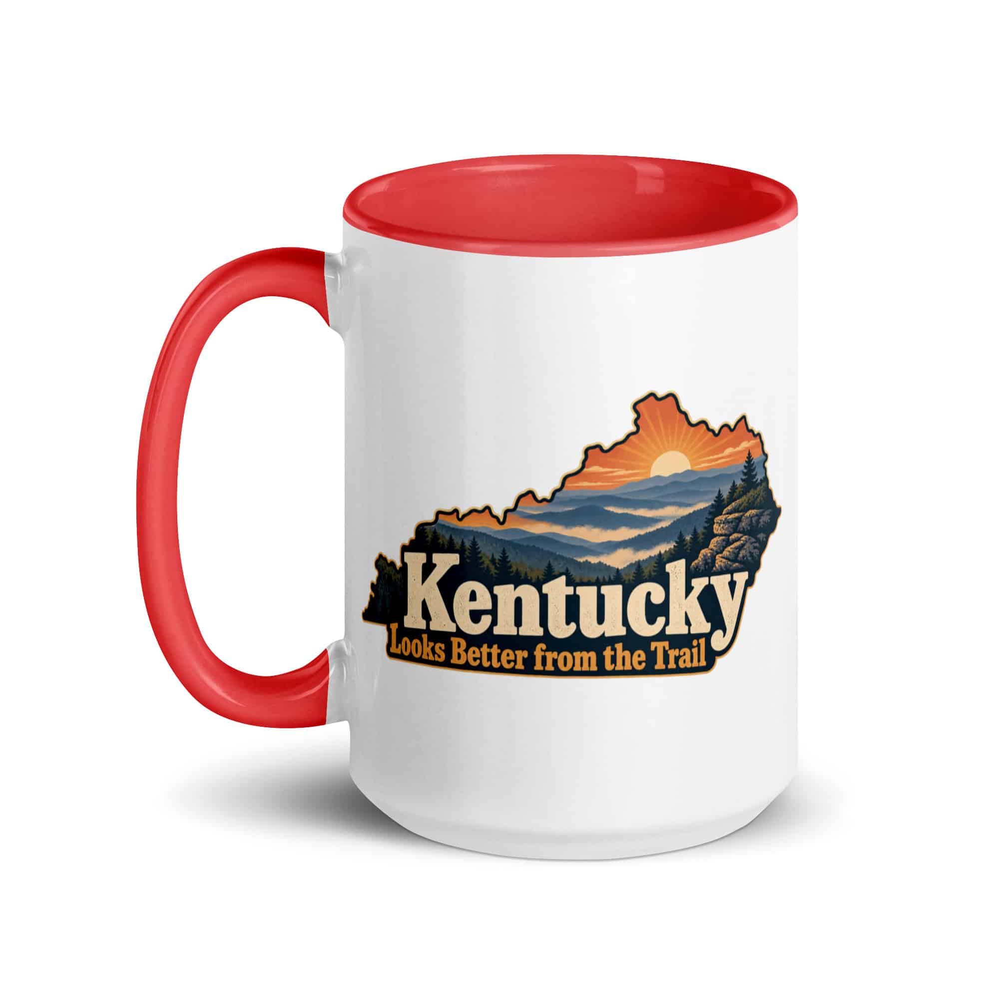 Kentucky Color Inside Coffee Mug: Layered Appalachian ridges at sunrise, Colorful Kentucky Silhouette