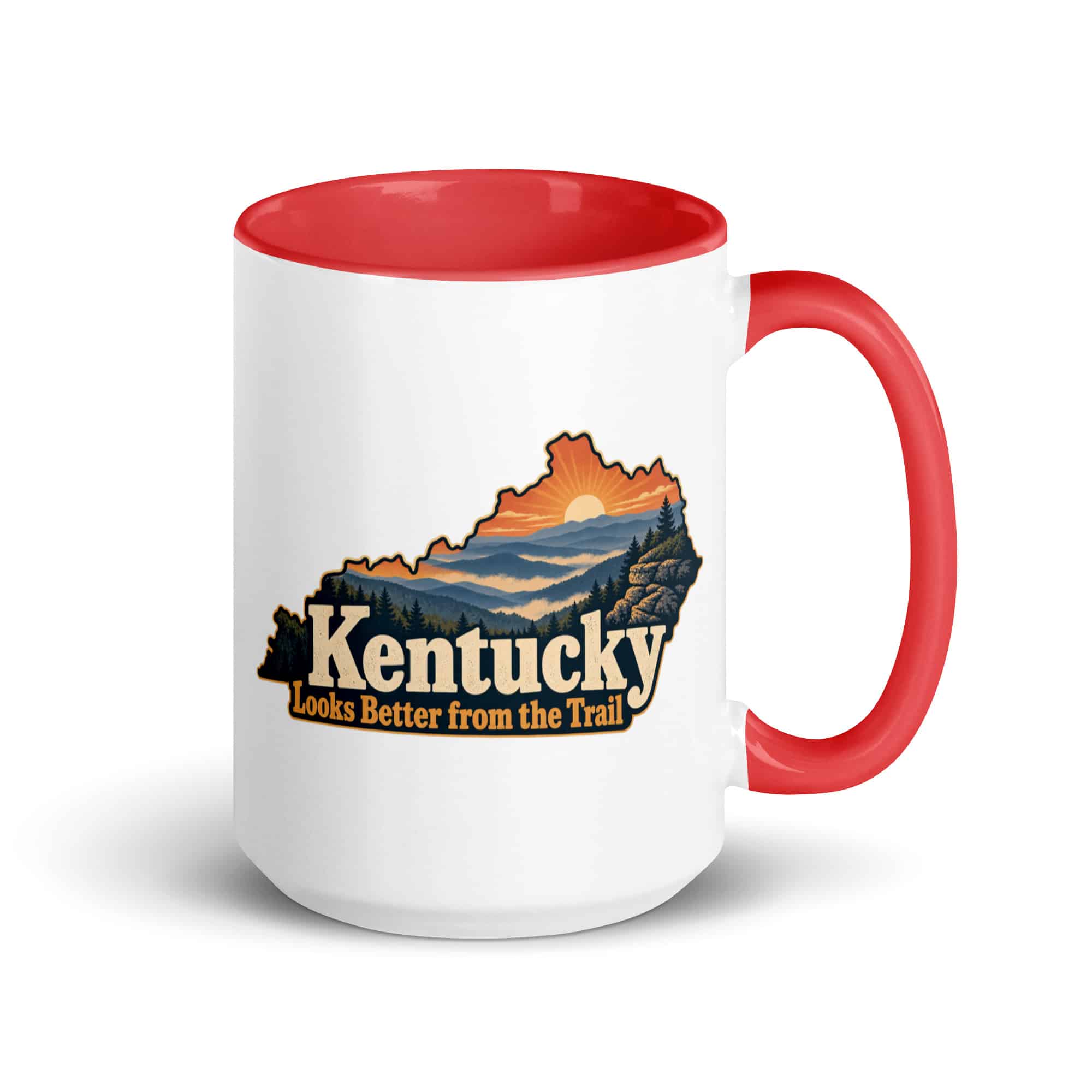 Kentucky Color Inside Coffee Mug: Layered Appalachian ridges at sunrise, Colorful Kentucky Silhouette