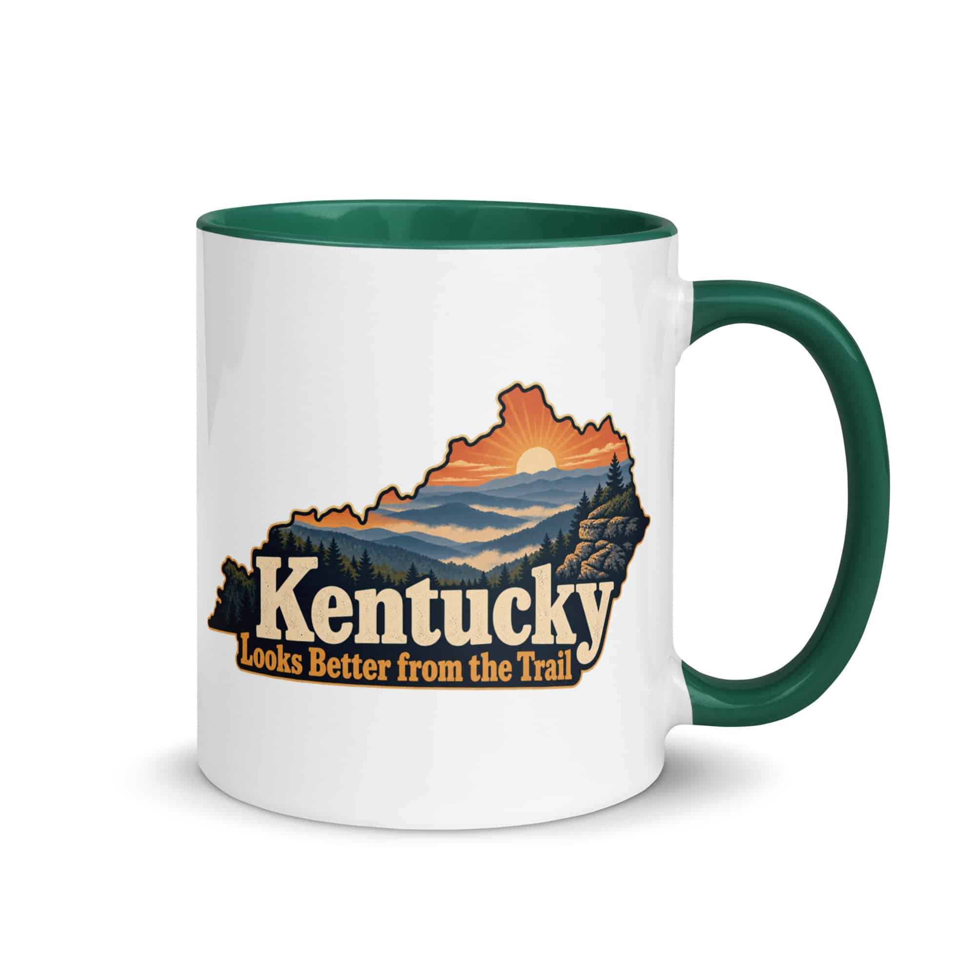 Kentucky Color Inside Coffee Mug: Layered Appalachian ridges at sunrise, Colorful Kentucky Silhouette