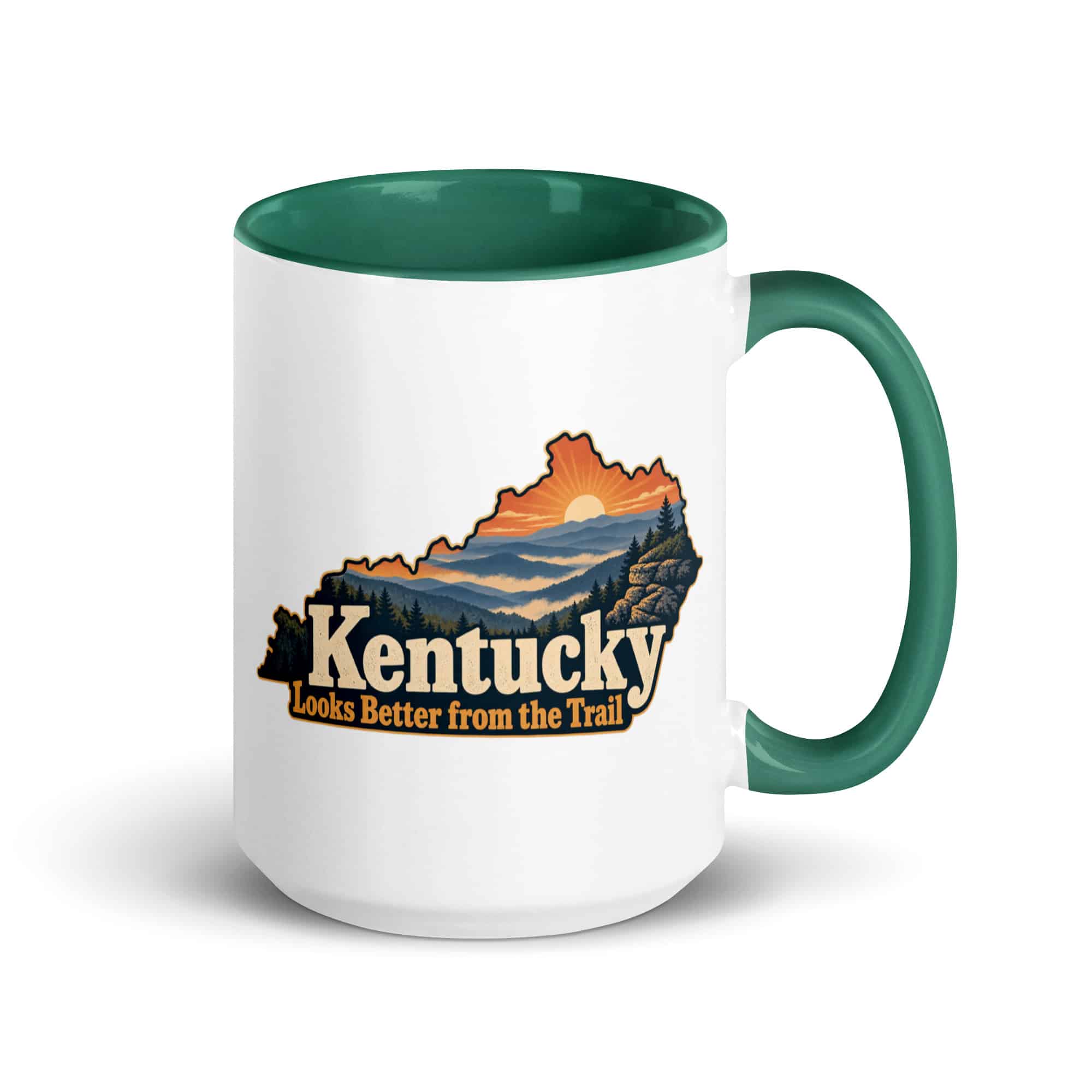 Kentucky Color Inside Coffee Mug: Layered Appalachian ridges at sunrise, Colorful Kentucky Silhouette