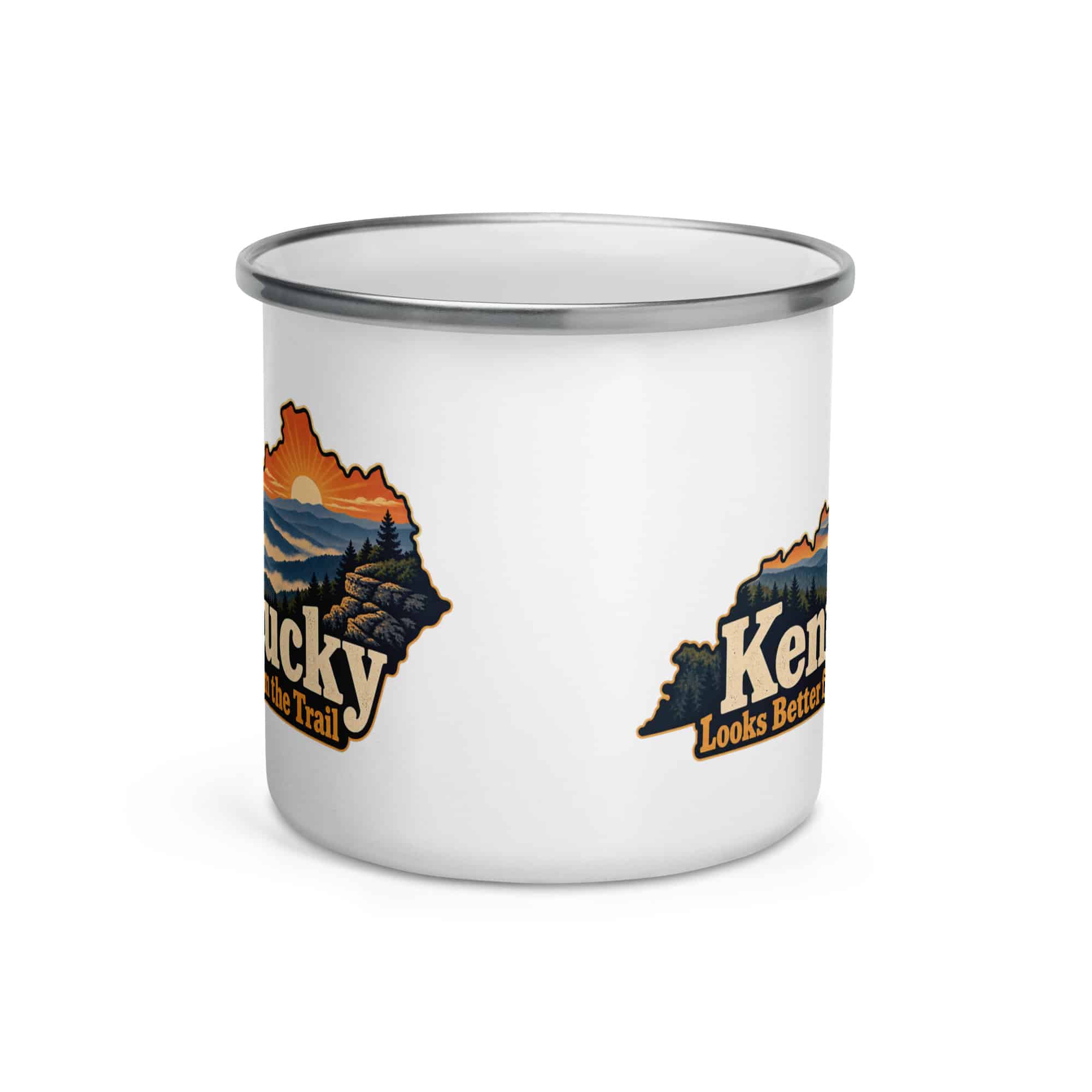 Kentucky Enamel Camp Mug: Layered Appalachian ridges at sunrise, Colorful Kentucky Silhouette