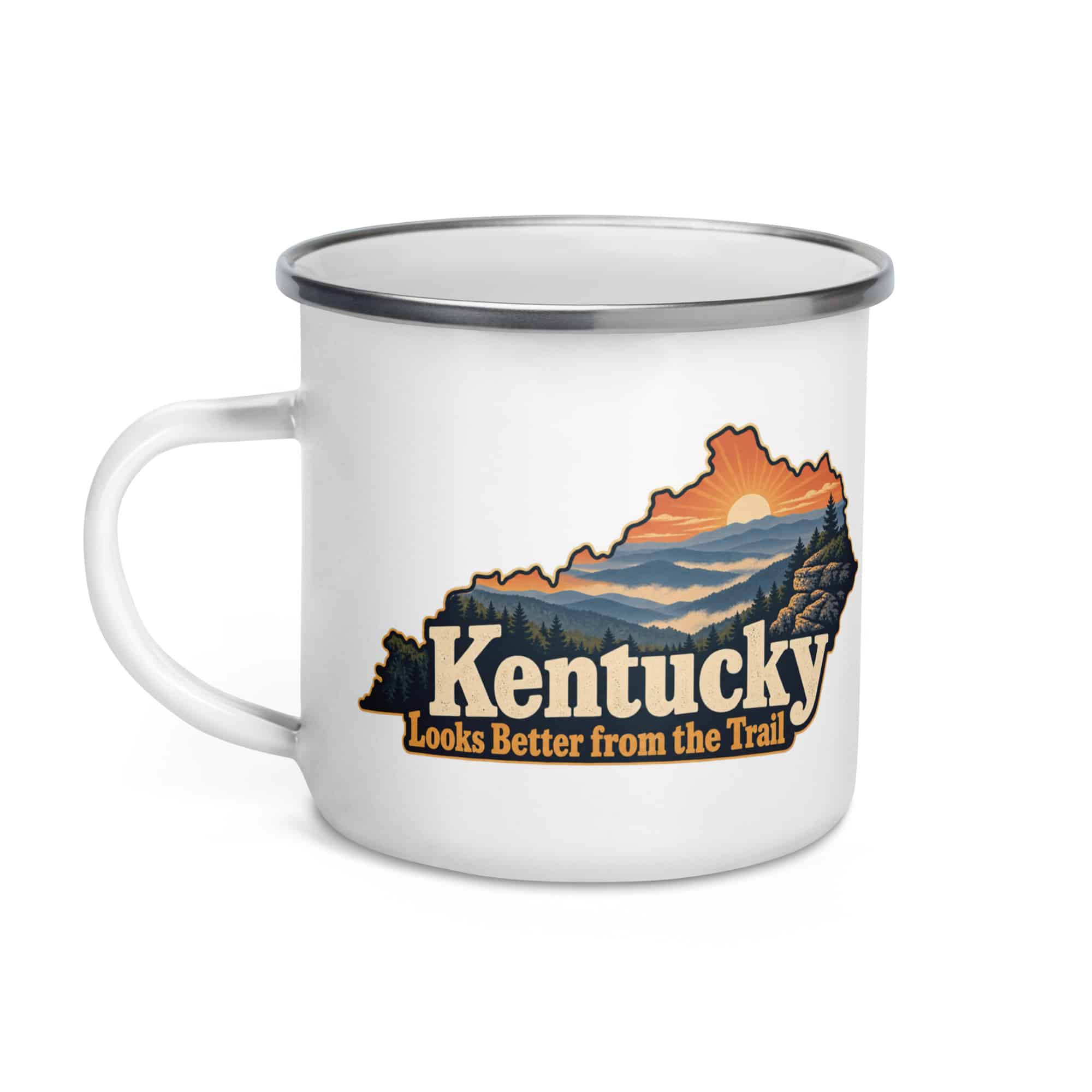 Kentucky Enamel Camp Mug: Layered Appalachian ridges at sunrise, Colorful Kentucky Silhouette
