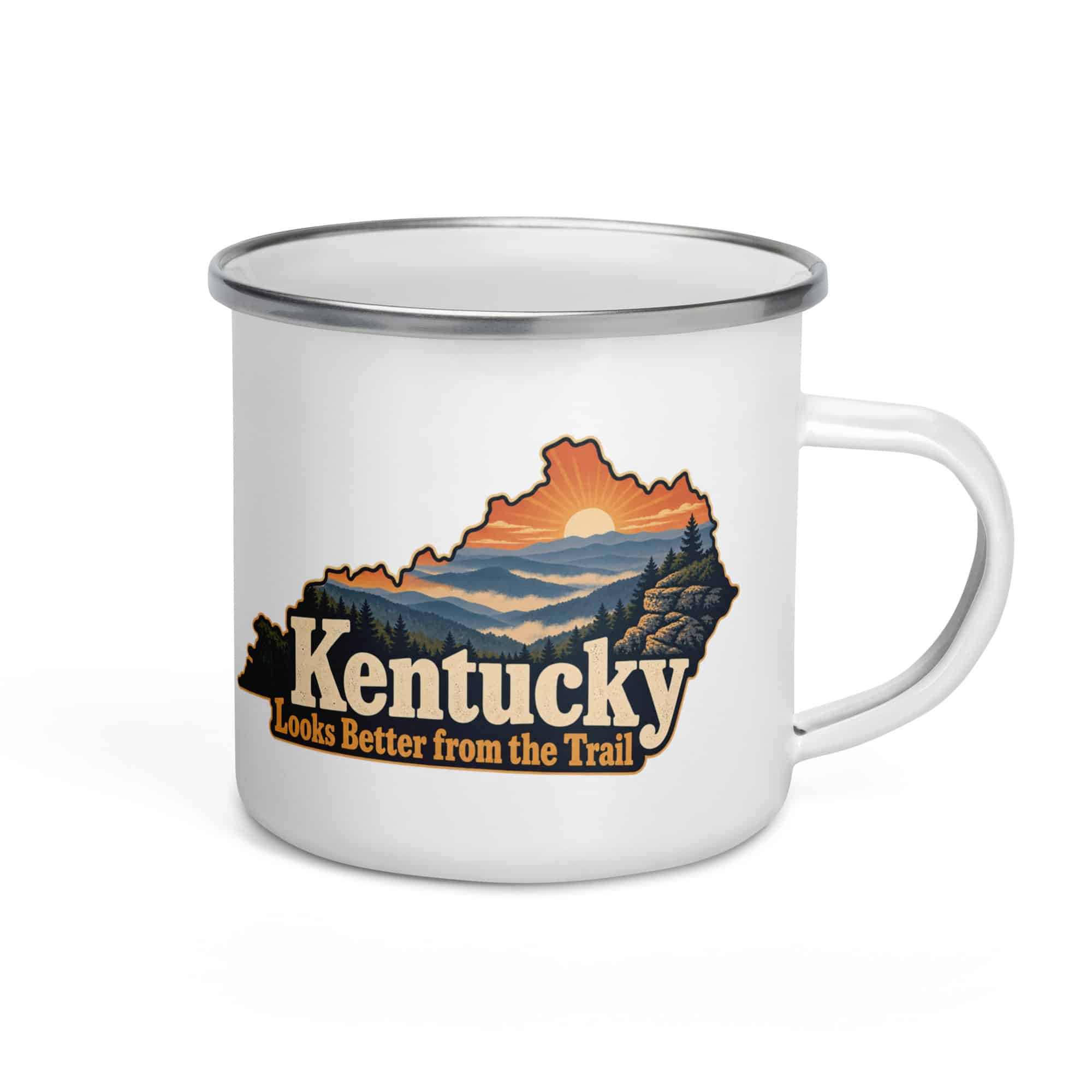 Kentucky Enamel Camp Mug: Layered Appalachian ridges at sunrise, Colorful Kentucky Silhouette