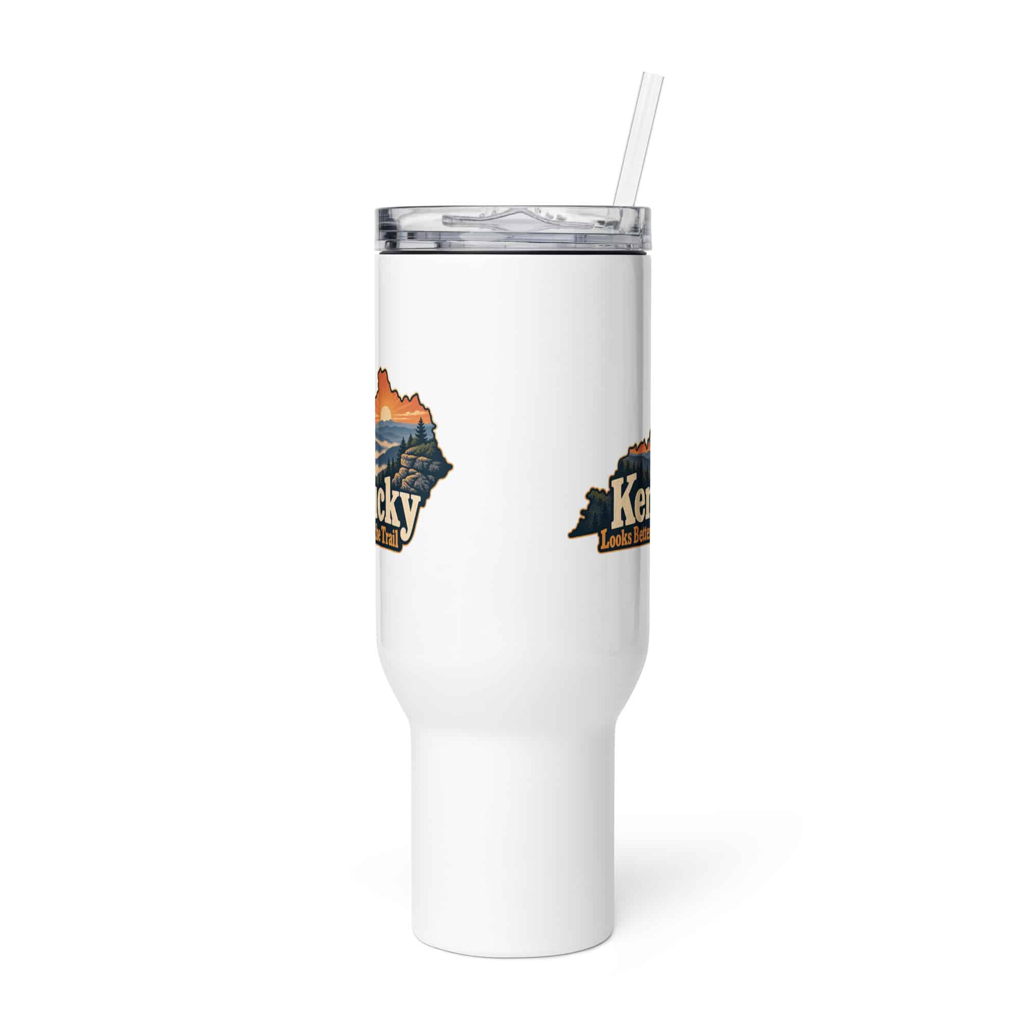 Kentucky Travel Mug: Layered Appalachian ridges at sunrise, Colorful Kentucky Silhouette