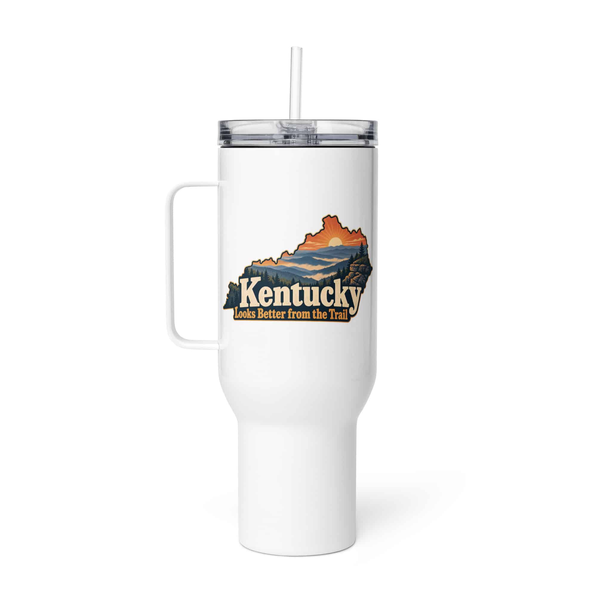 Kentucky Travel Mug: Layered Appalachian ridges at sunrise, Colorful Kentucky Silhouette