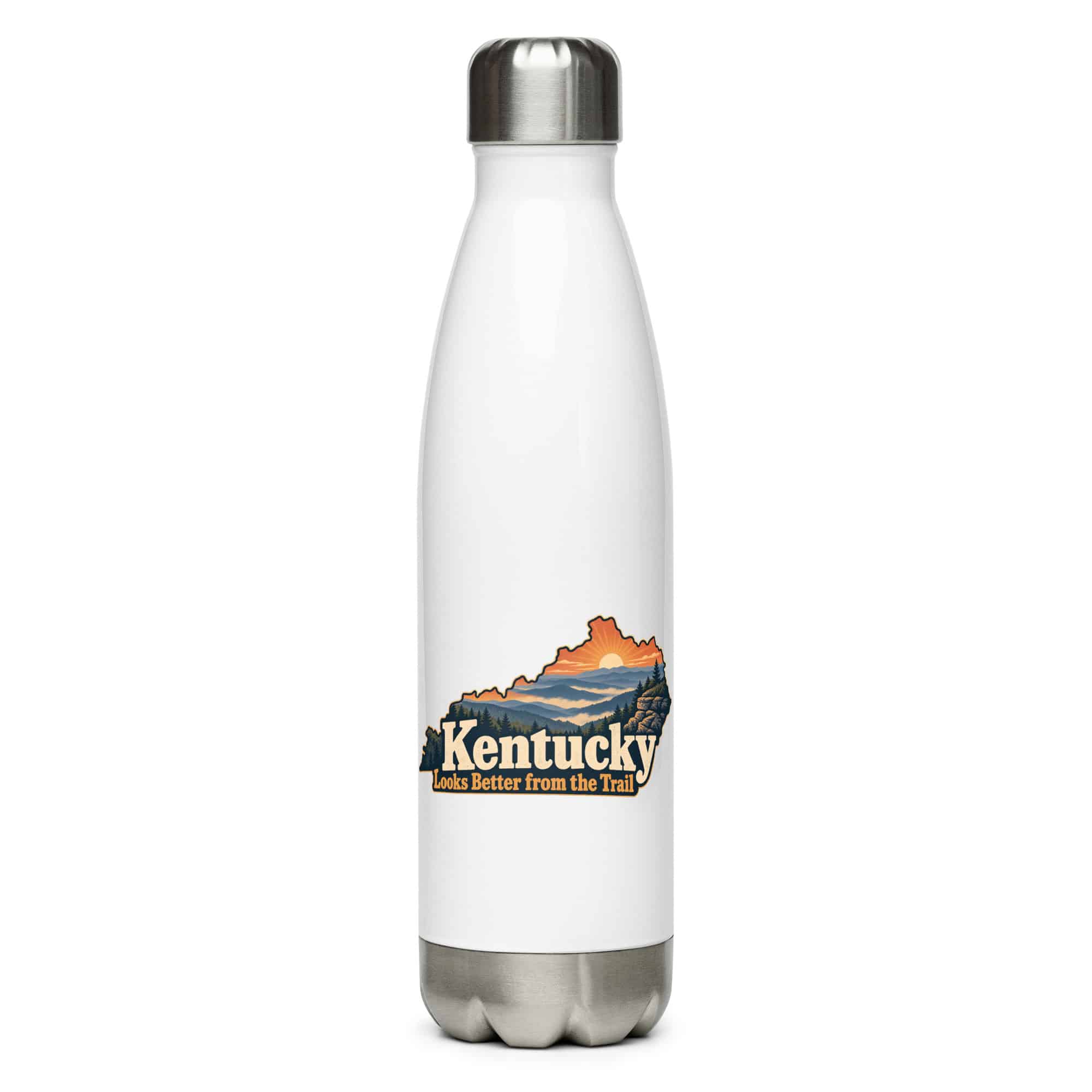 Kentucky Stainless Steel Water Bottle: Layered Appalachian ridges at sunrise, Colorful Kentucky Silhouette