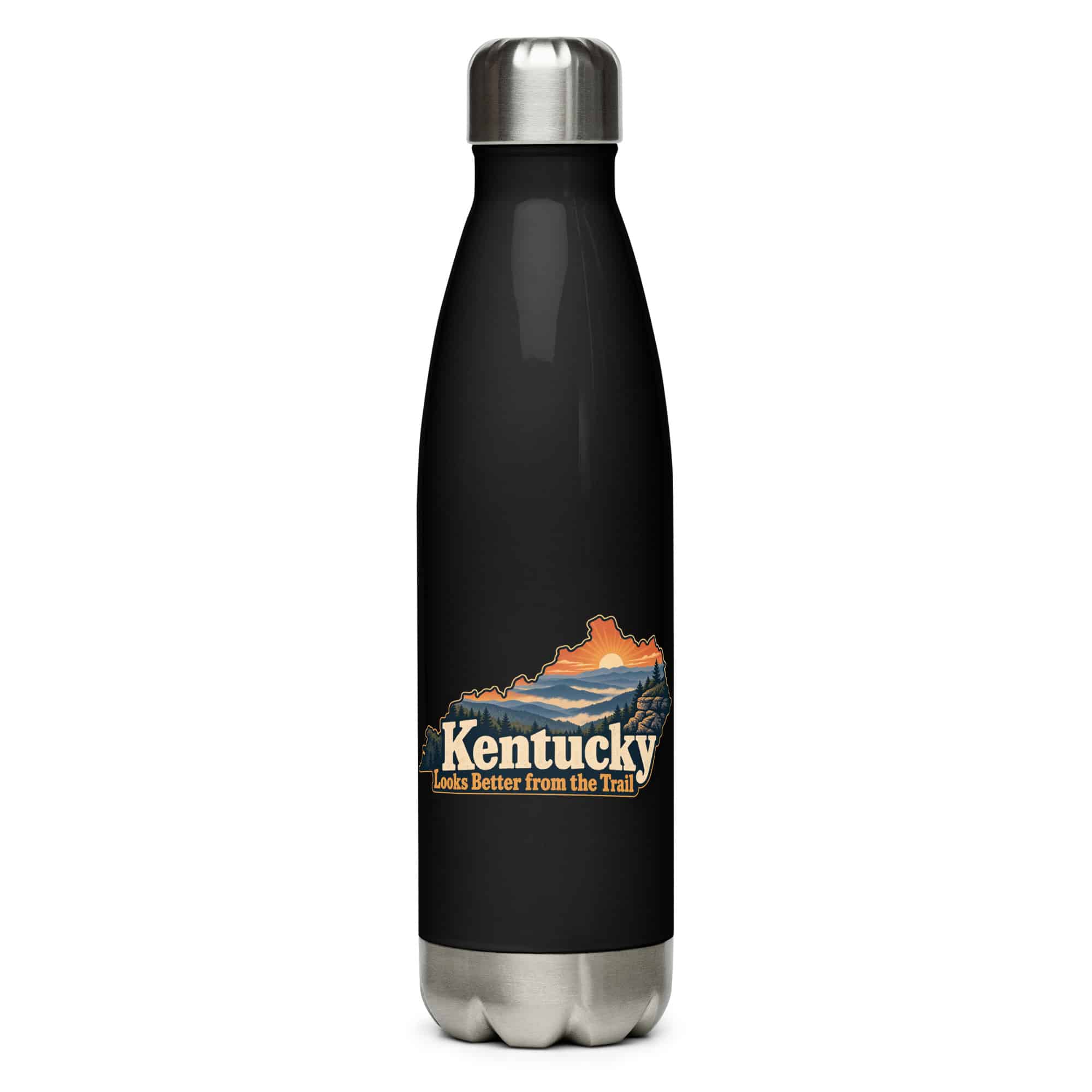 Kentucky Stainless Steel Water Bottle: Layered Appalachian ridges at sunrise, Colorful Kentucky Silhouette