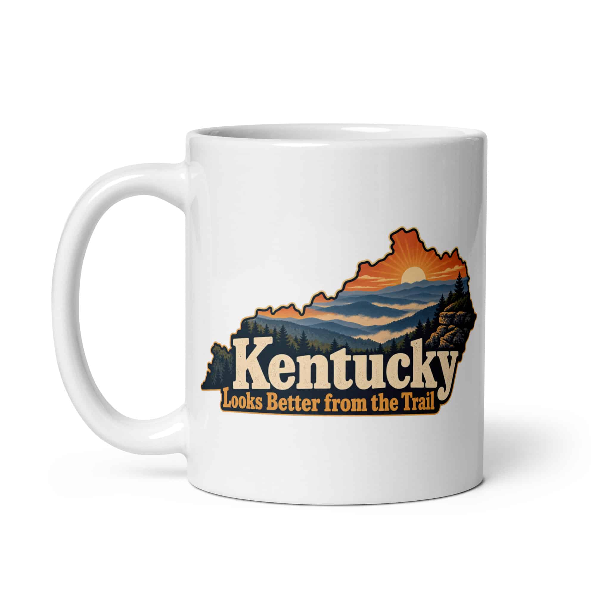 Kentucky White Ceramic Coffee Mug: Layered Appalachian ridges at sunrise, Colorful Kentucky Silhouette