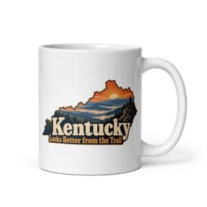 Kentucky White Ceramic Coffee Mug: Layered Appalachian ridges at sunrise, Colorful Kentucky Silhouette - 11 oz - Main
