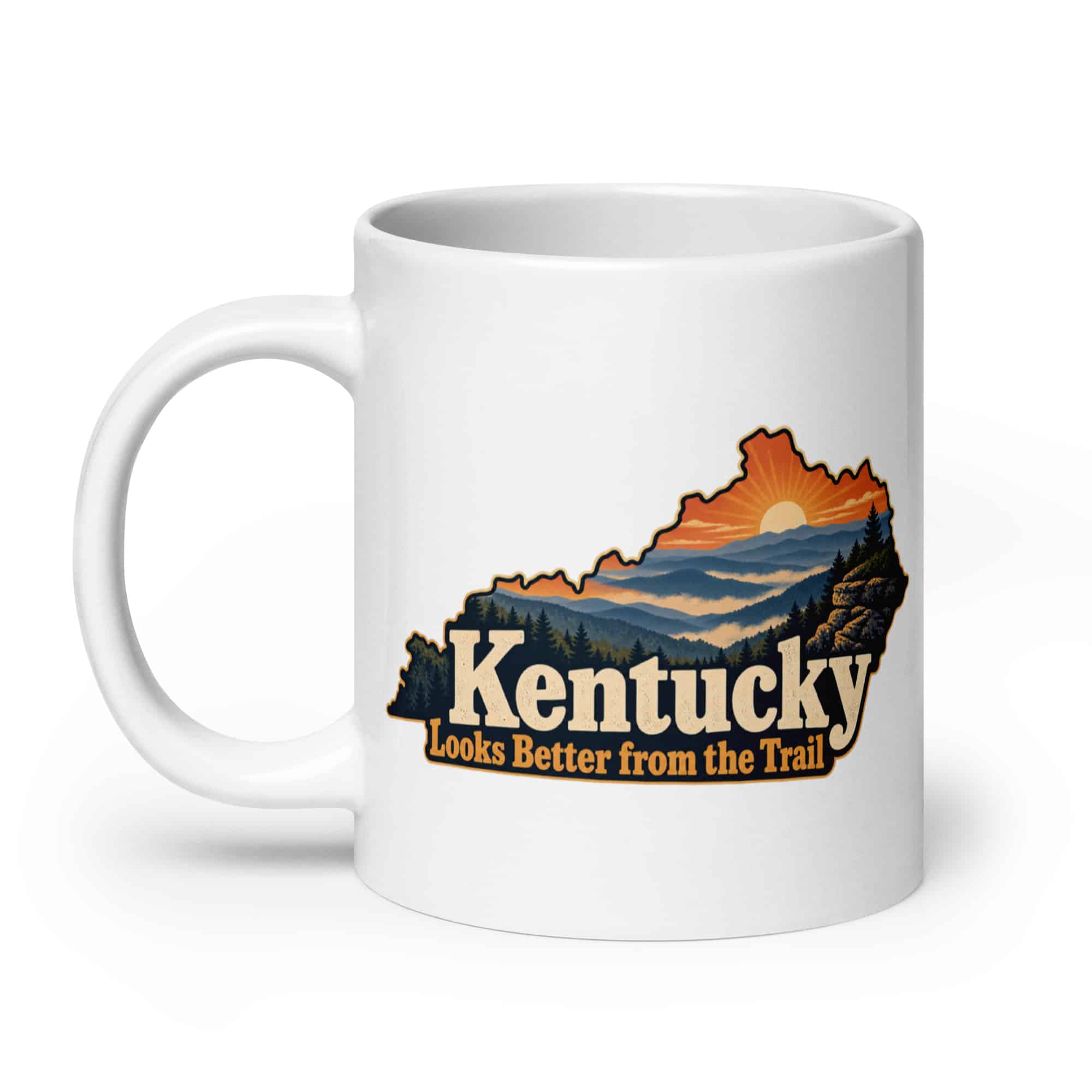Kentucky White Ceramic Coffee Mug: Layered Appalachian ridges at sunrise, Colorful Kentucky Silhouette