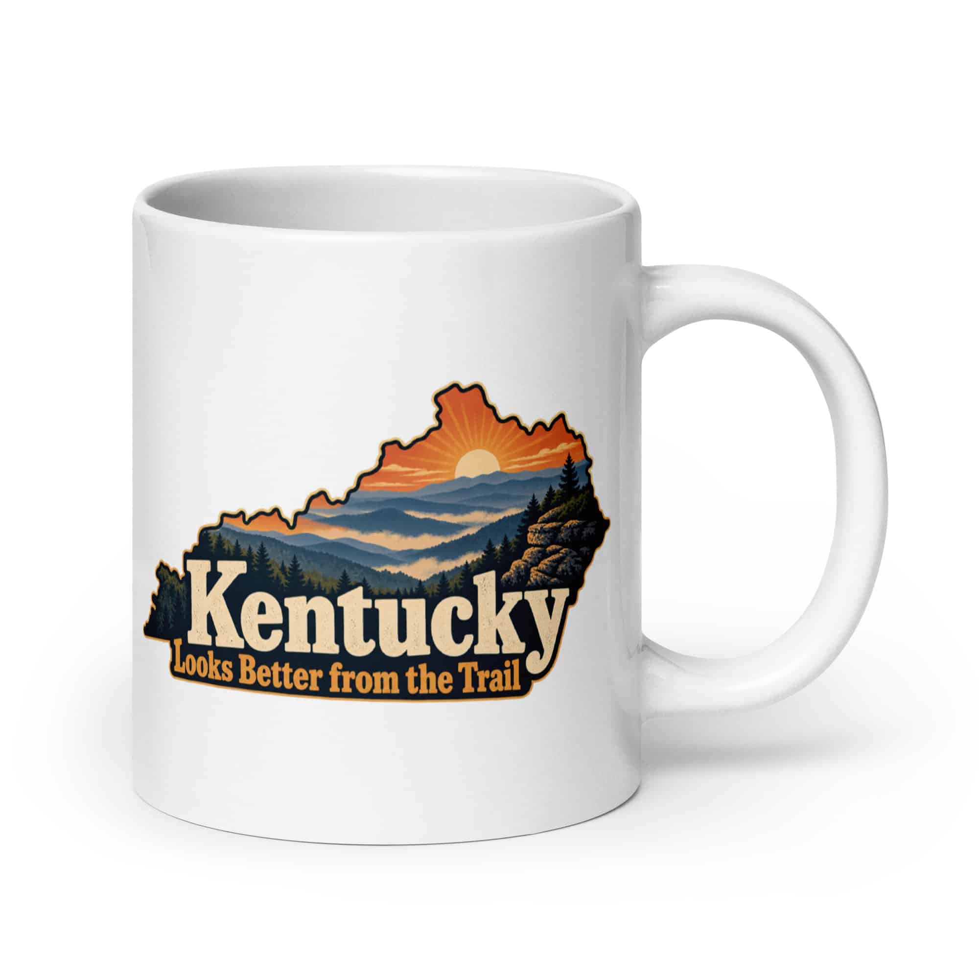 Kentucky White Ceramic Coffee Mug: Layered Appalachian ridges at sunrise, Colorful Kentucky Silhouette