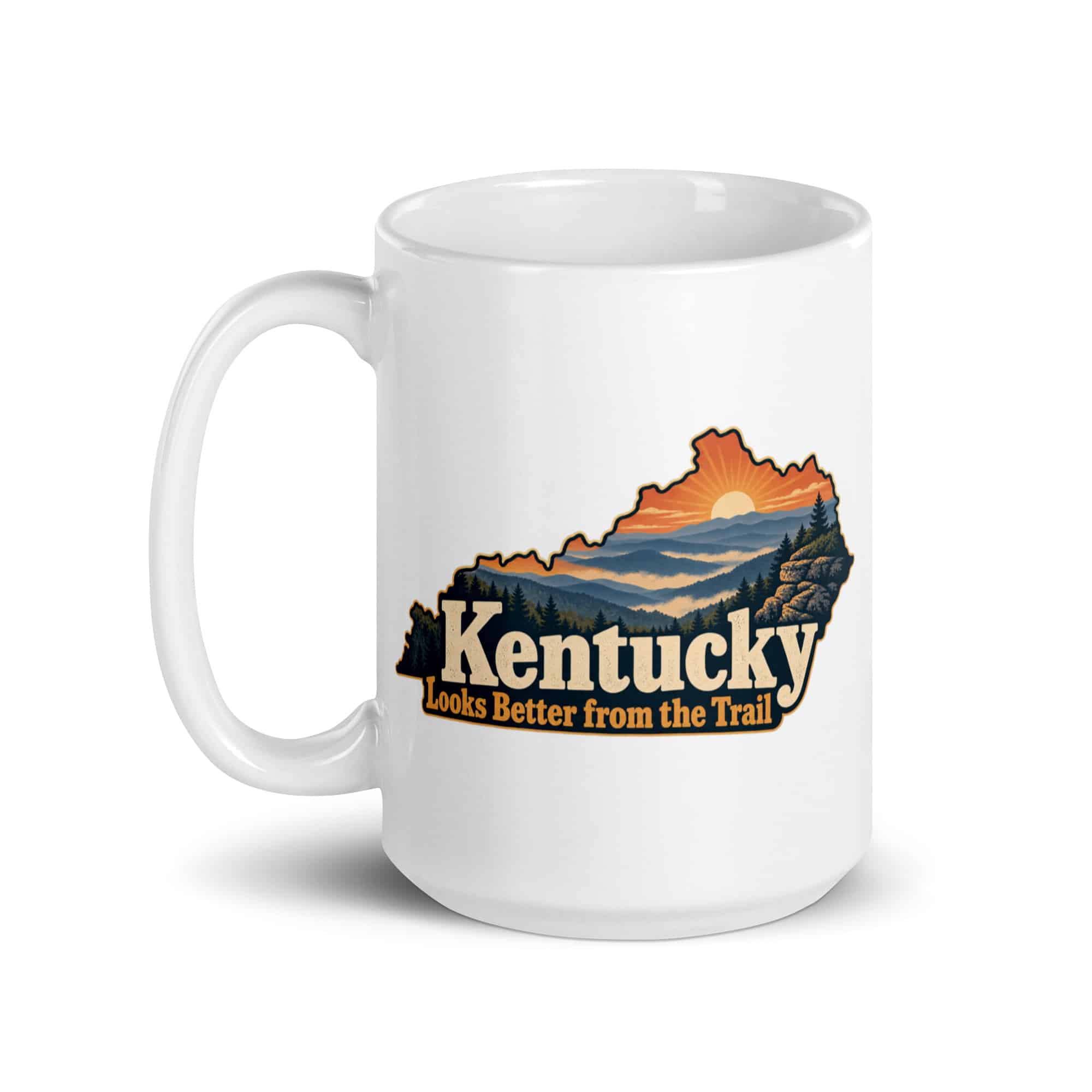 Kentucky White Ceramic Coffee Mug: Layered Appalachian ridges at sunrise, Colorful Kentucky Silhouette