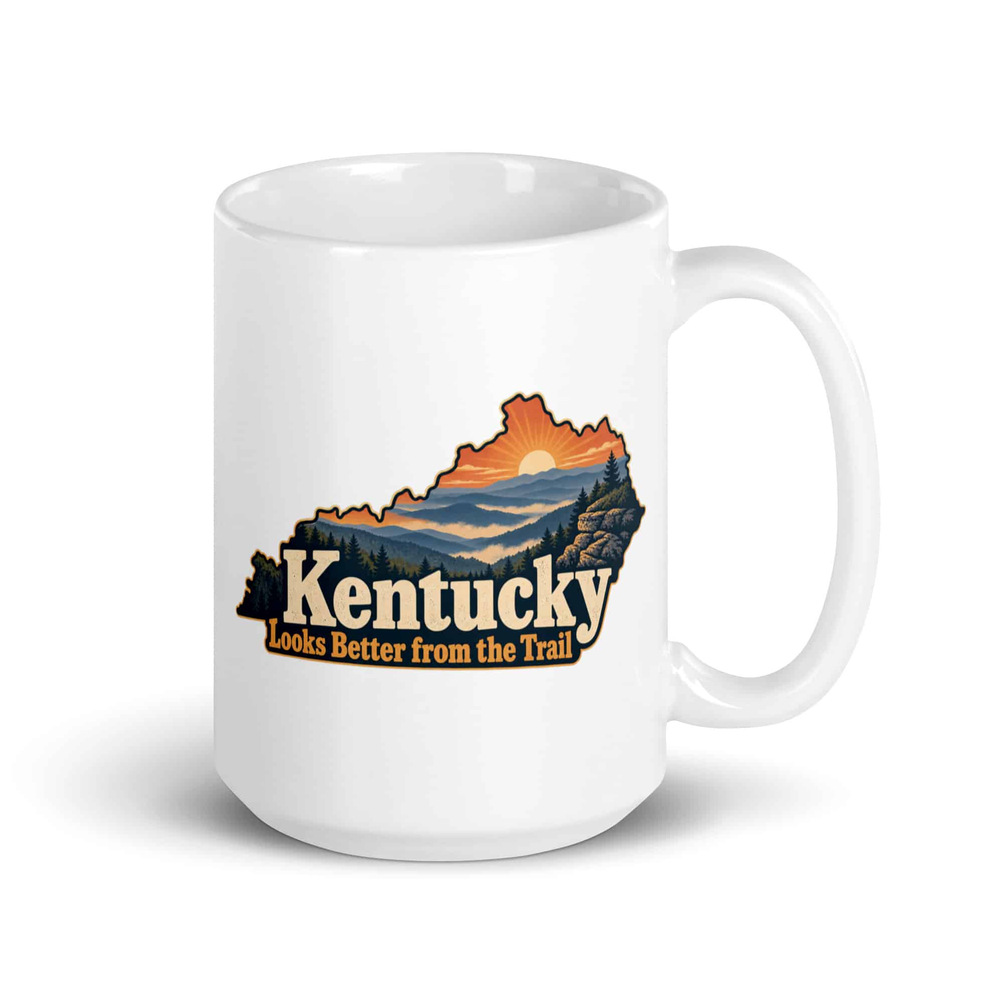 Kentucky White Ceramic Coffee Mug: Layered Appalachian ridges at sunrise, Colorful Kentucky Silhouette