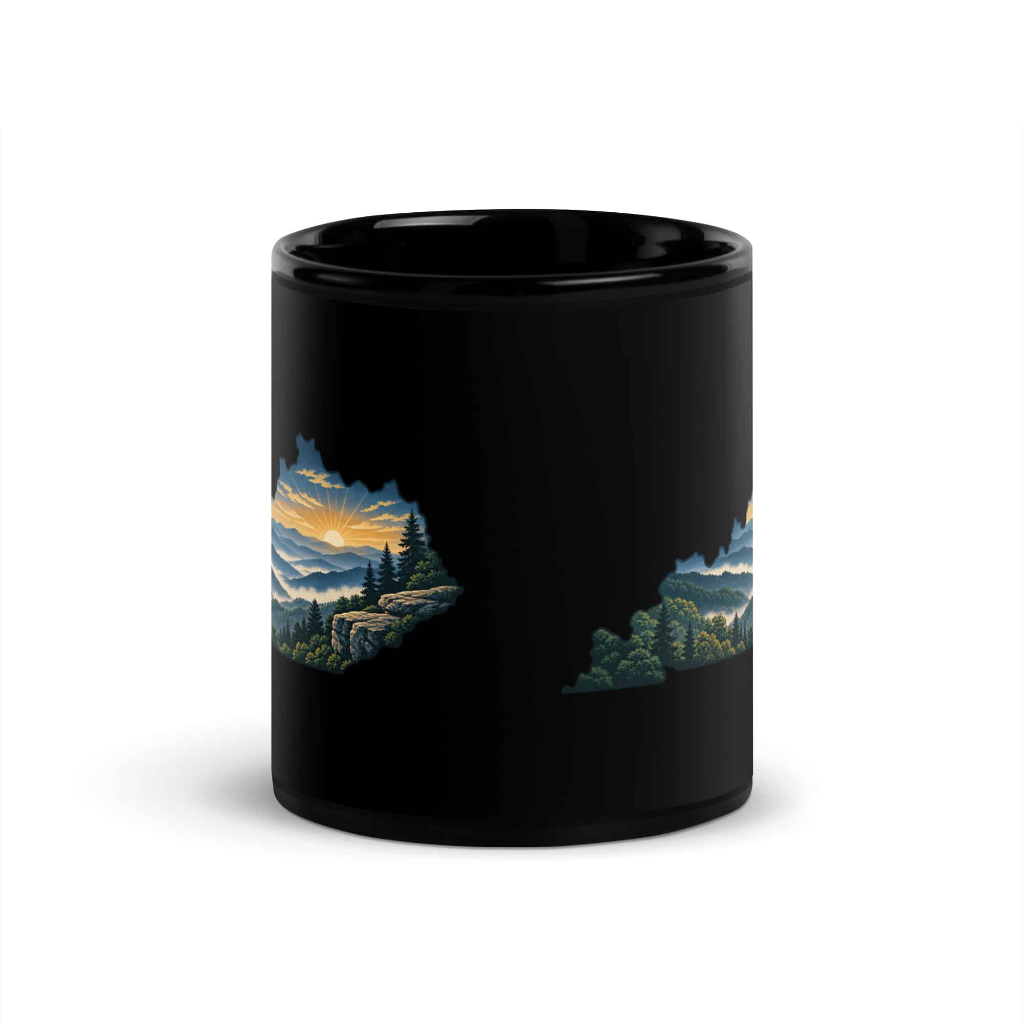 Kentucky Black Coffee Mug: Layered Appalachian ridges at sunrise, Illustrated Kentucky Silhouette