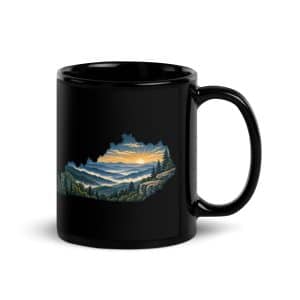 Kentucky Black Coffee Mug: Layered Appalachian ridges at sunrise, Illustrated Kentucky Silhouette - 11 oz - Handle on Right