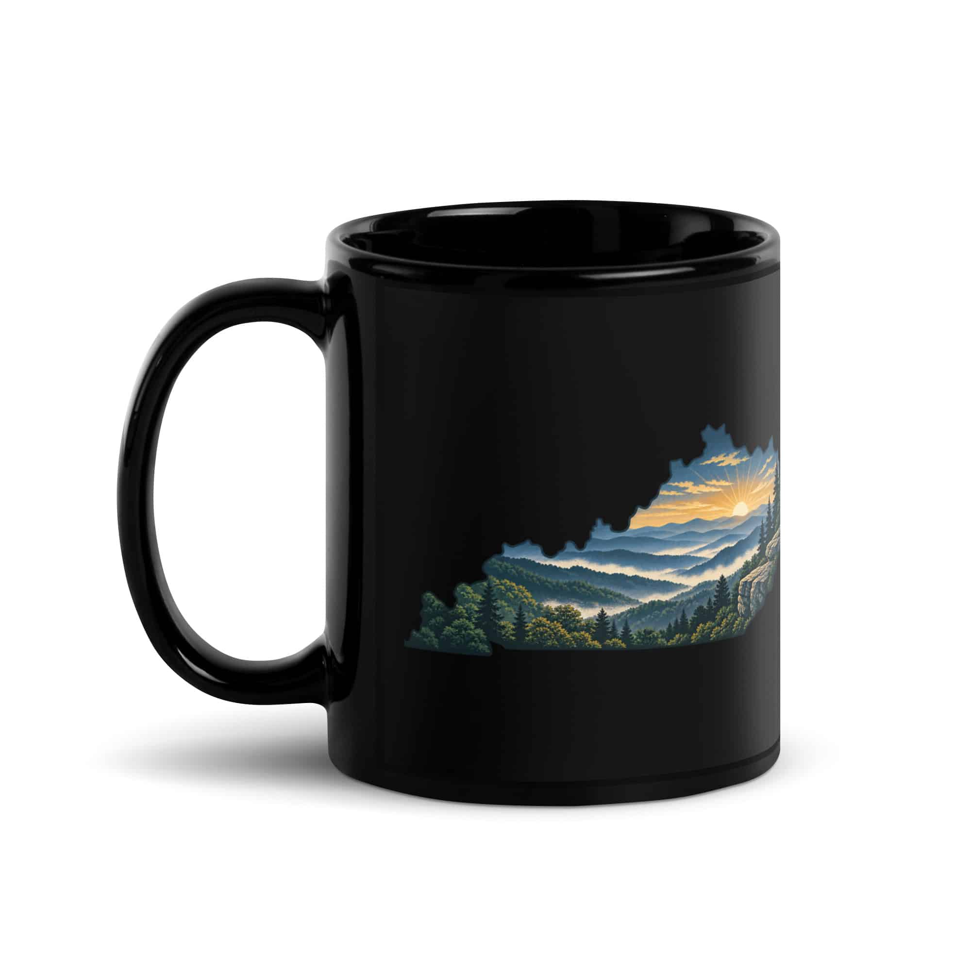 Kentucky Black Coffee Mug: Layered Appalachian ridges at sunrise, Illustrated Kentucky Silhouette