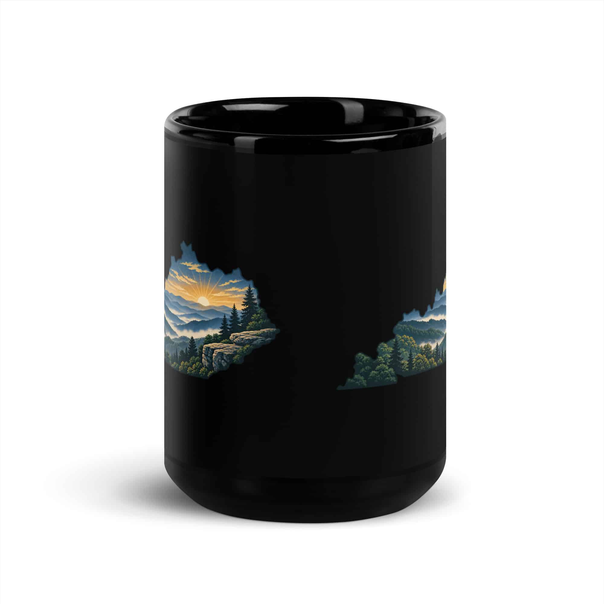 Kentucky Black Coffee Mug: Layered Appalachian ridges at sunrise, Illustrated Kentucky Silhouette