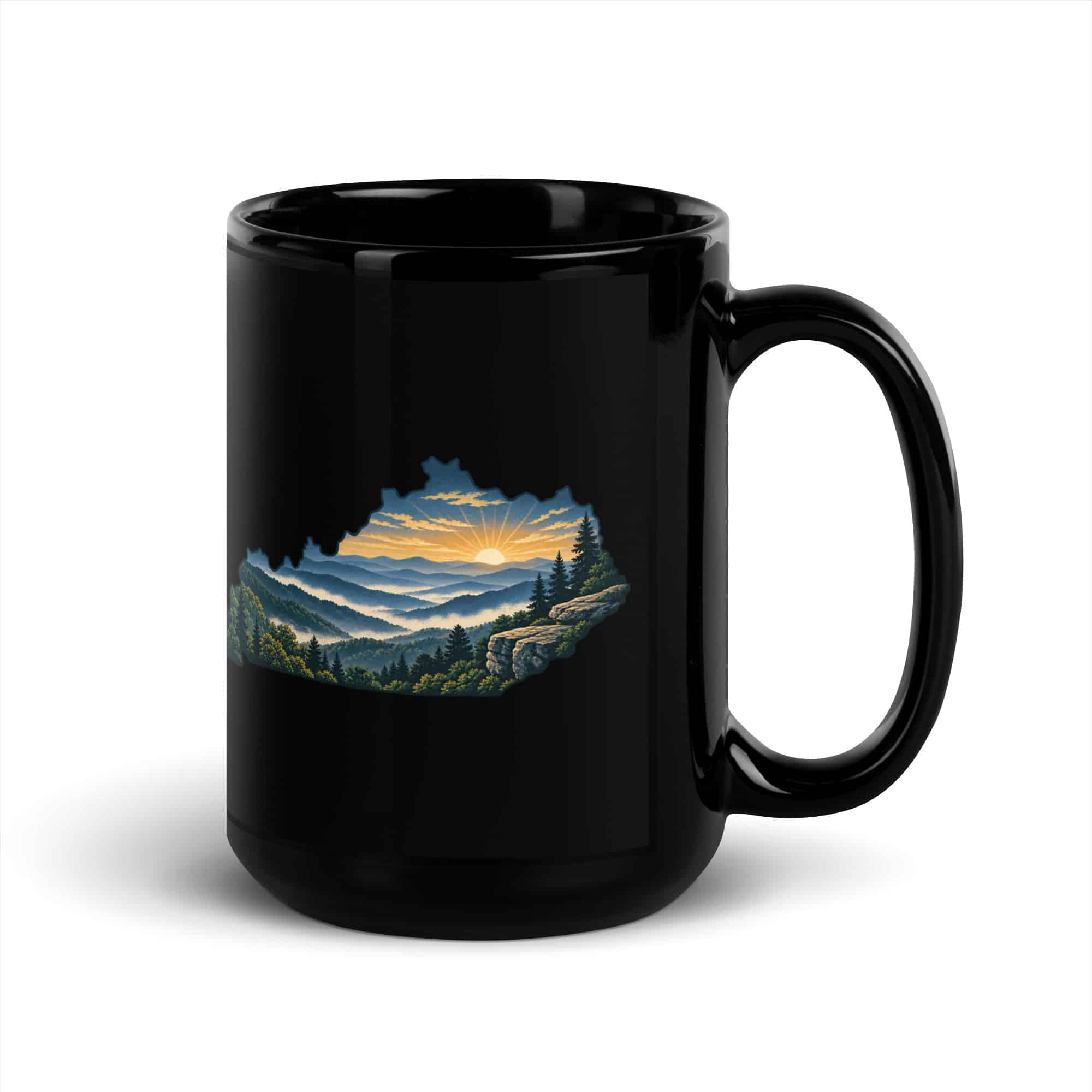 Kentucky Black Coffee Mug: Layered Appalachian ridges at sunrise, Illustrated Kentucky Silhouette