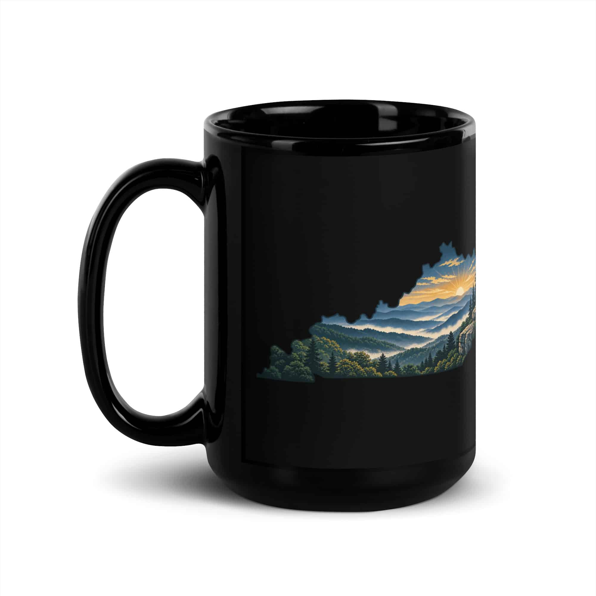 Kentucky Black Coffee Mug: Layered Appalachian ridges at sunrise, Illustrated Kentucky Silhouette