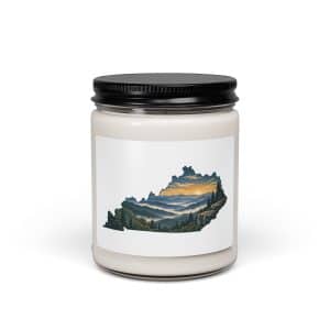 Kentucky Soy Wax Candle: Layered Appalachian ridges at sunrise, Illustrated Kentucky Silhouette - 9oz - Main