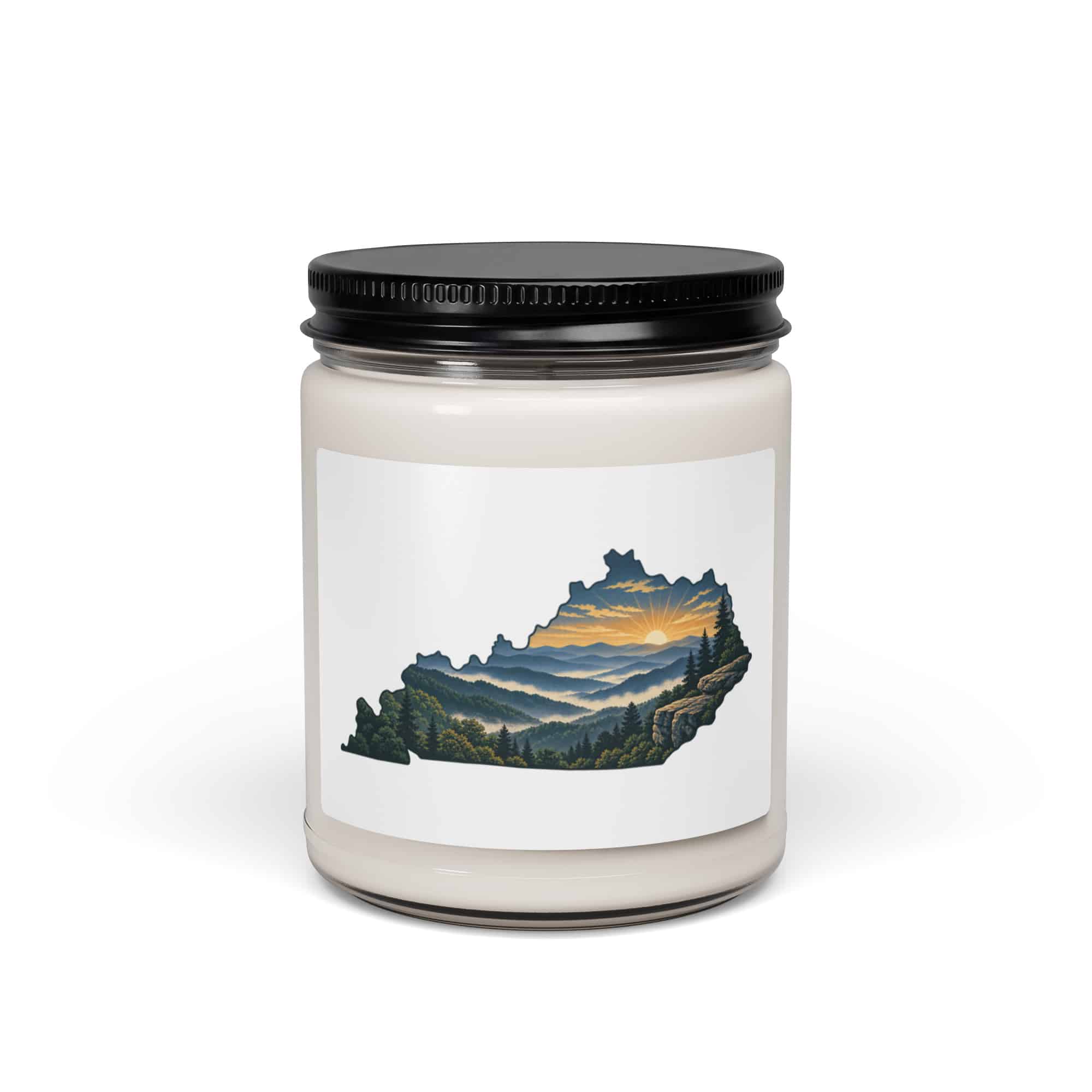 Kentucky Soy Wax Candle: Layered Appalachian ridges at sunrise, Illustrated Kentucky Silhouette