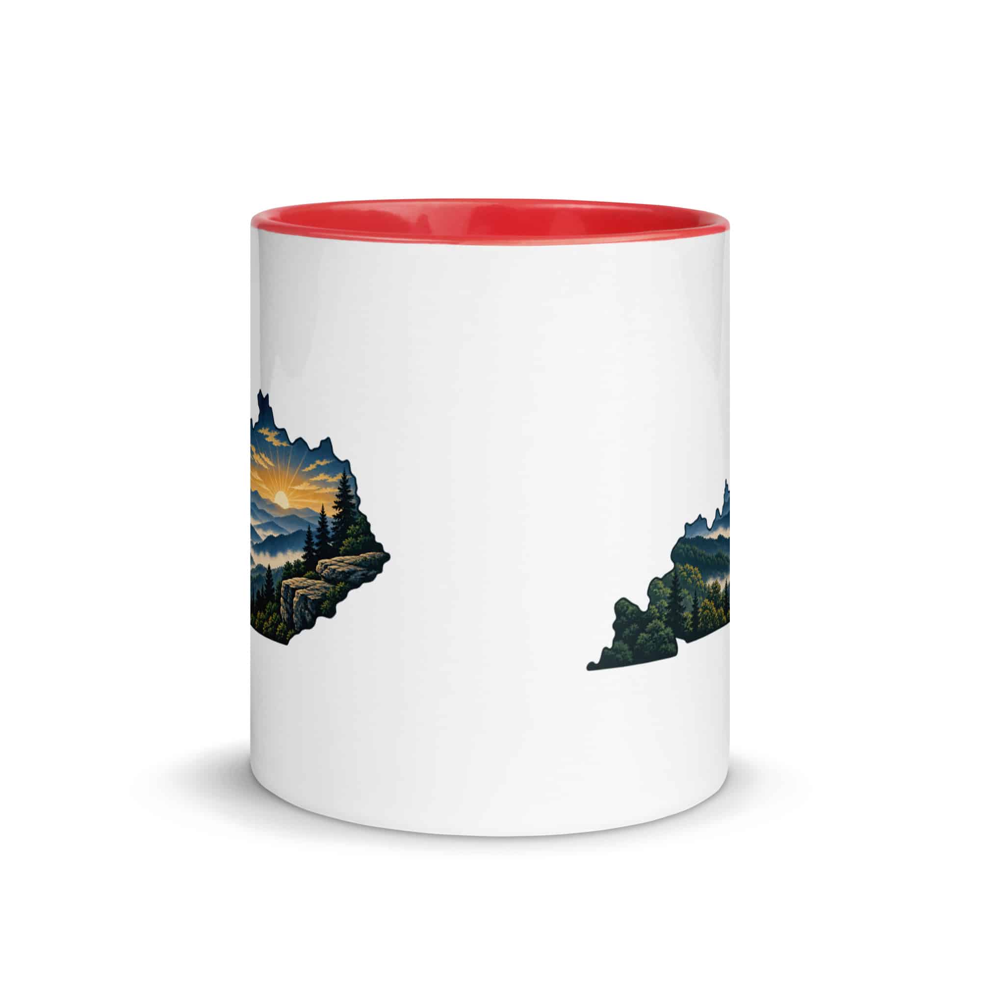 Kentucky Color Inside Coffee Mug: Layered Appalachian ridges at sunrise, Illustrated Kentucky Silhouette