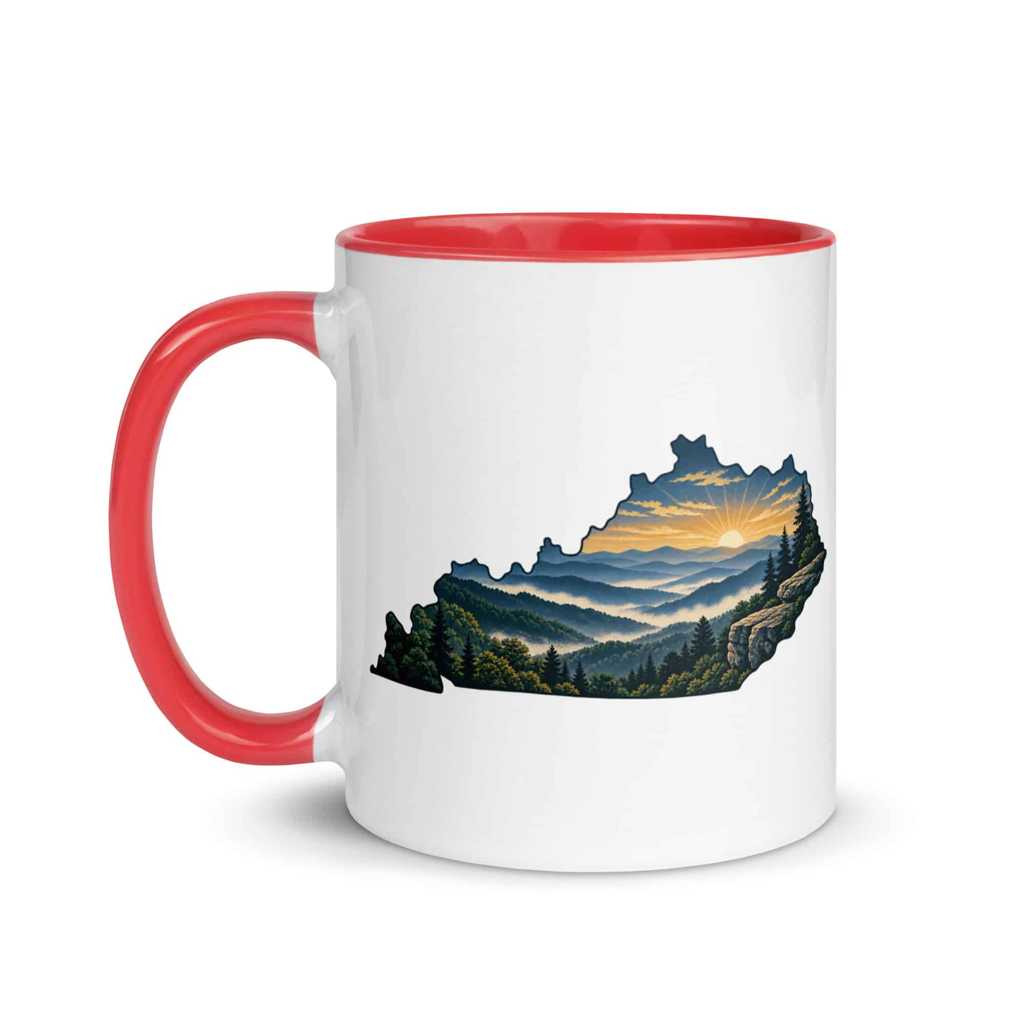 Kentucky Color Inside Coffee Mug: Layered Appalachian ridges at sunrise, Illustrated Kentucky Silhouette