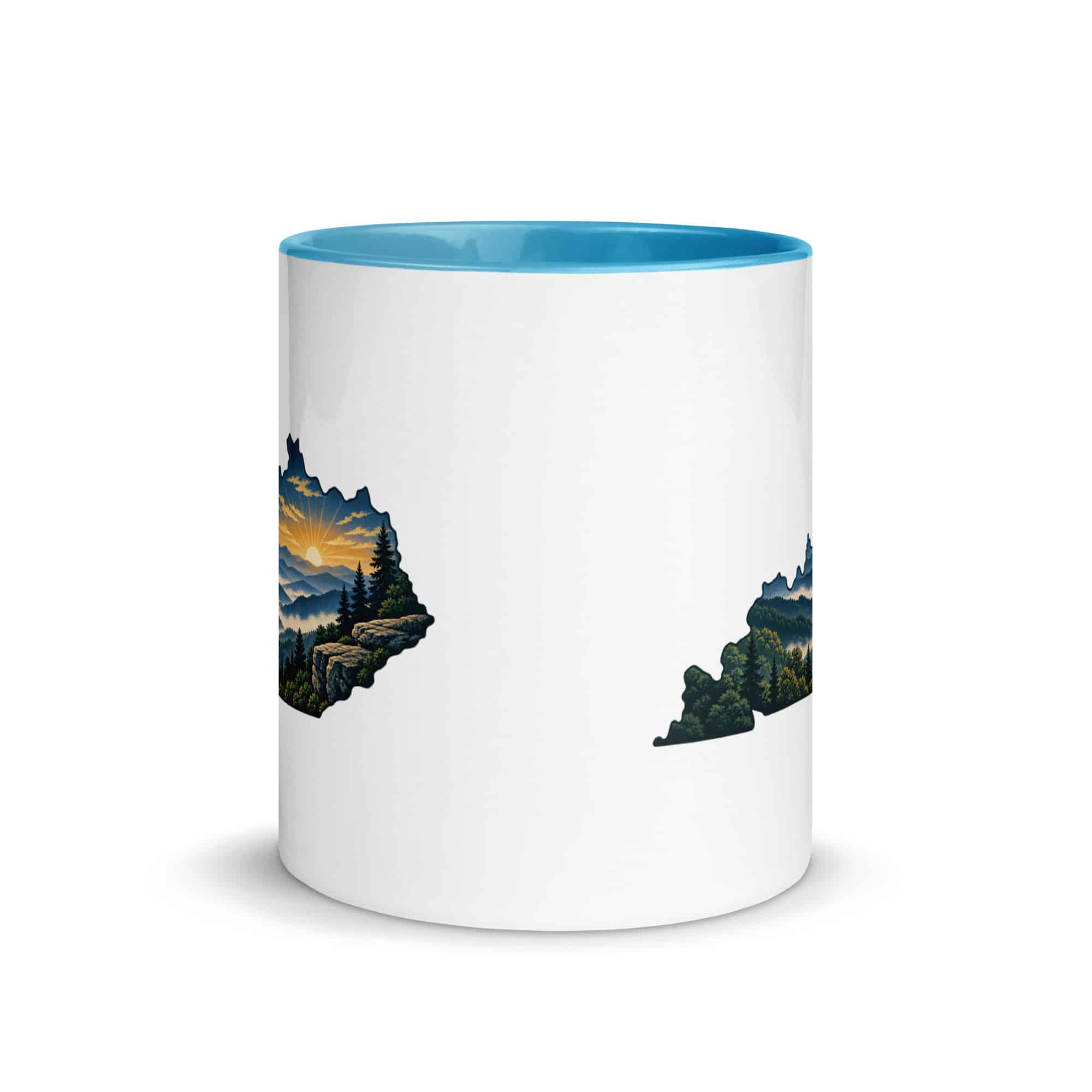 Kentucky Color Inside Coffee Mug: Layered Appalachian ridges at sunrise, Illustrated Kentucky Silhouette