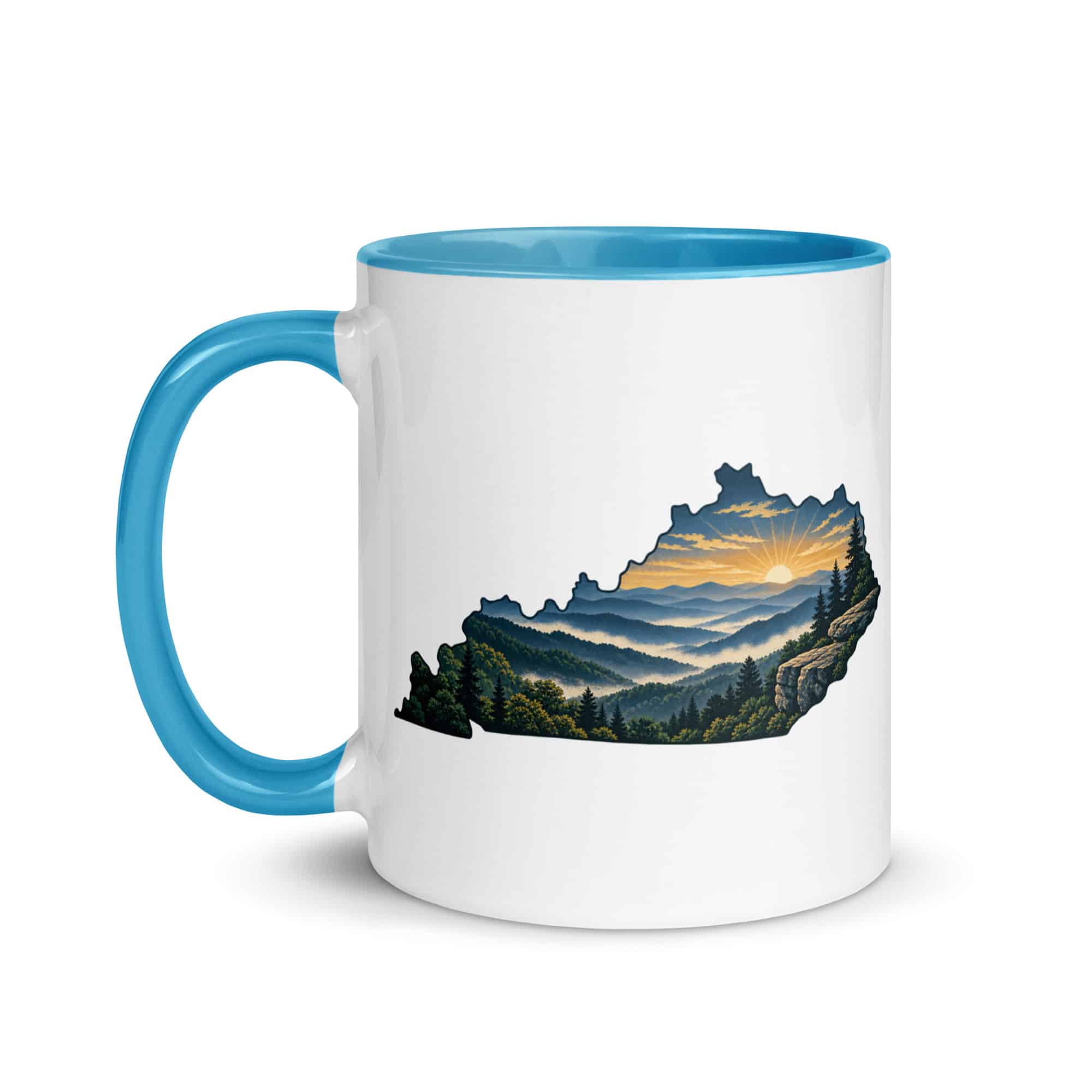 Kentucky Color Inside Coffee Mug: Layered Appalachian ridges at sunrise, Illustrated Kentucky Silhouette
