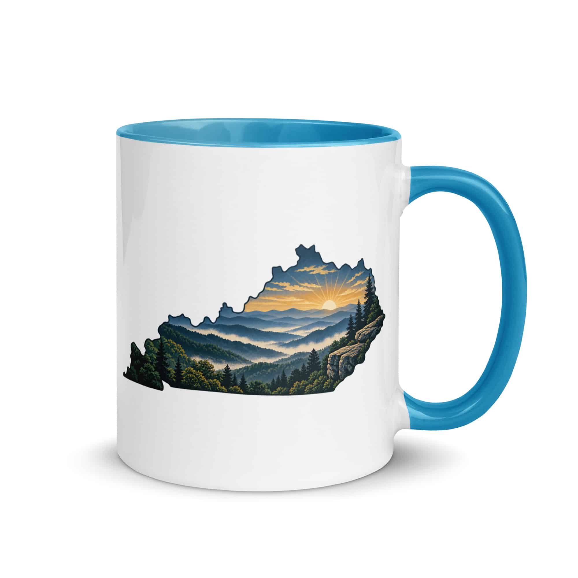 Kentucky Color Inside Coffee Mug: Layered Appalachian ridges at sunrise, Illustrated Kentucky Silhouette