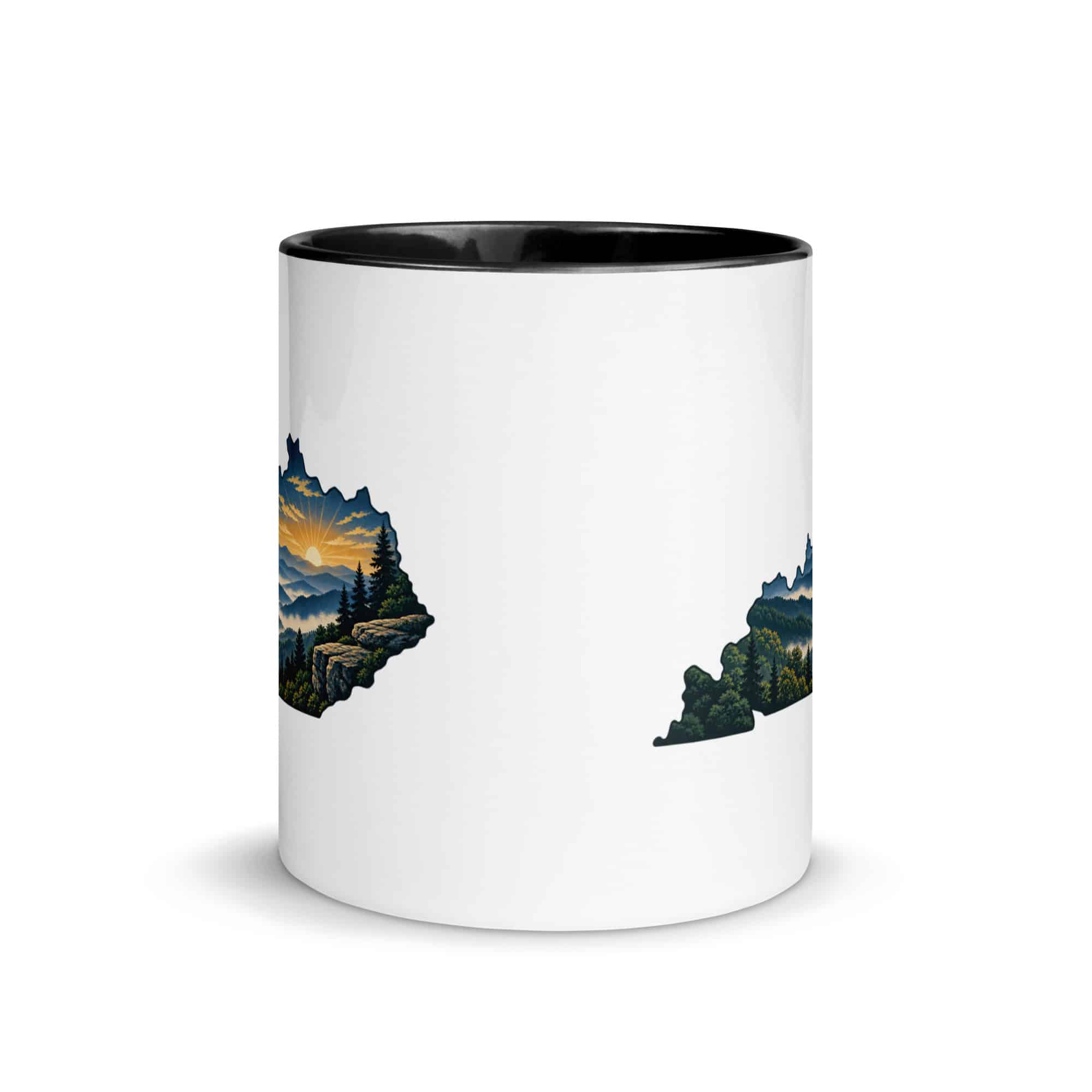 Kentucky Color Inside Coffee Mug: Layered Appalachian ridges at sunrise, Illustrated Kentucky Silhouette