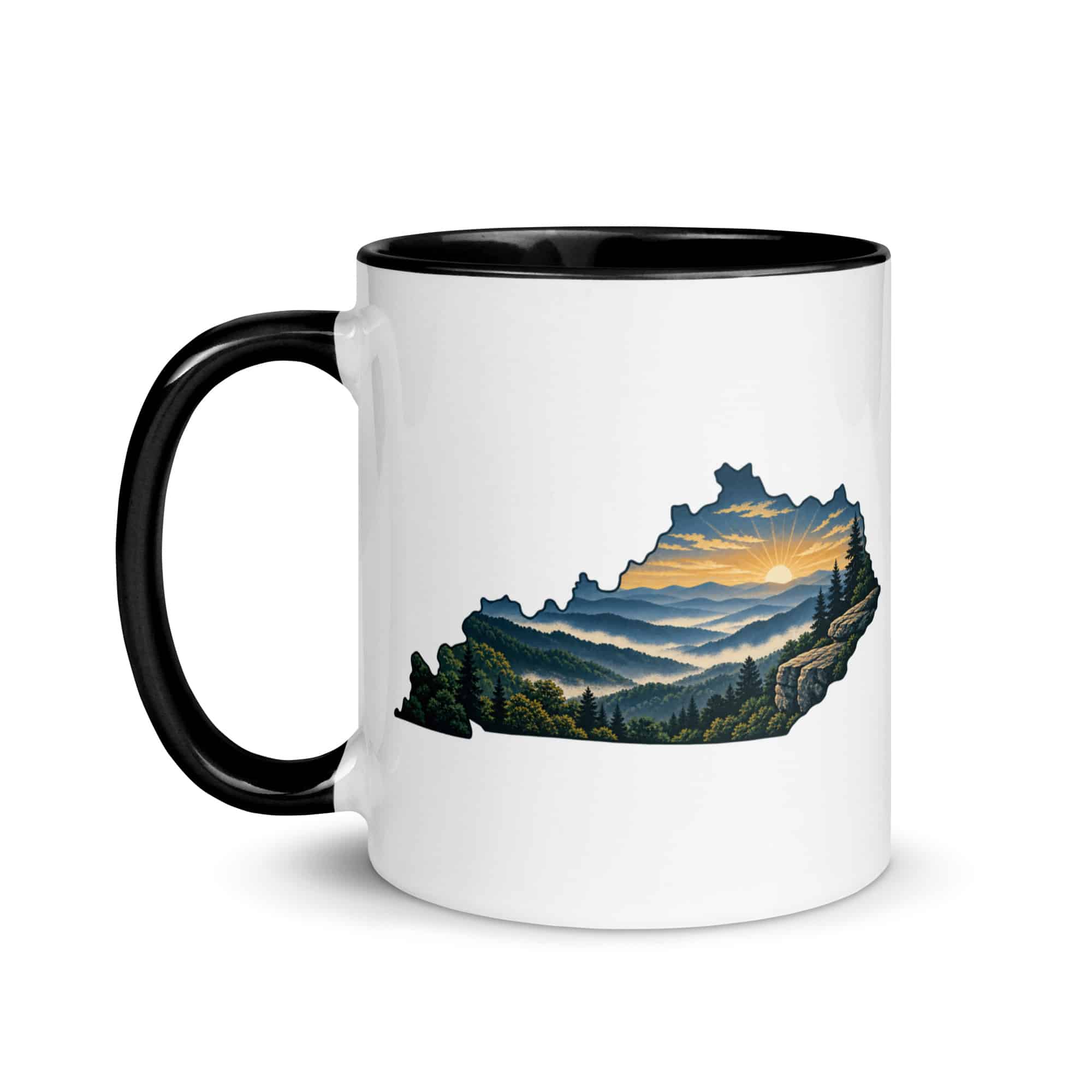 Kentucky Color Inside Coffee Mug: Layered Appalachian ridges at sunrise, Illustrated Kentucky Silhouette