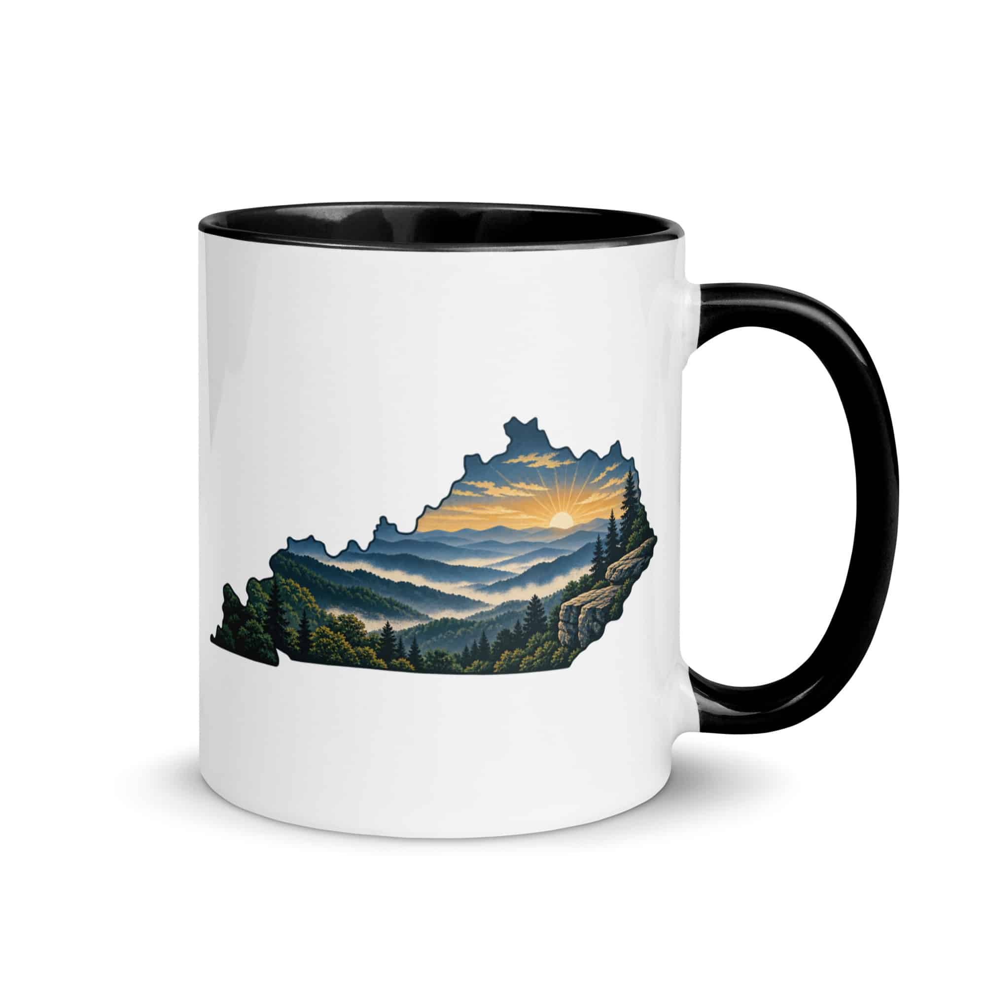 Kentucky Color Inside Coffee Mug: Layered Appalachian ridges at sunrise, Illustrated Kentucky Silhouette