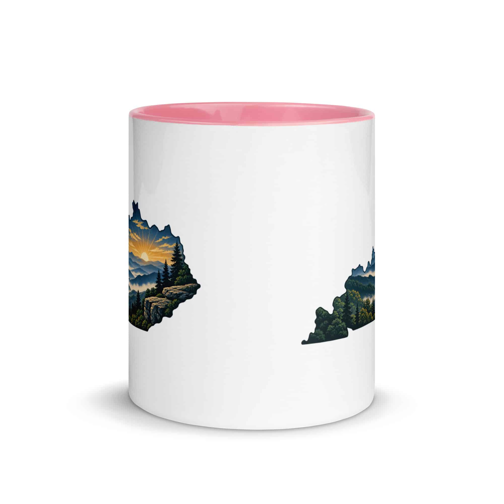 Kentucky Color Inside Coffee Mug: Layered Appalachian ridges at sunrise, Illustrated Kentucky Silhouette